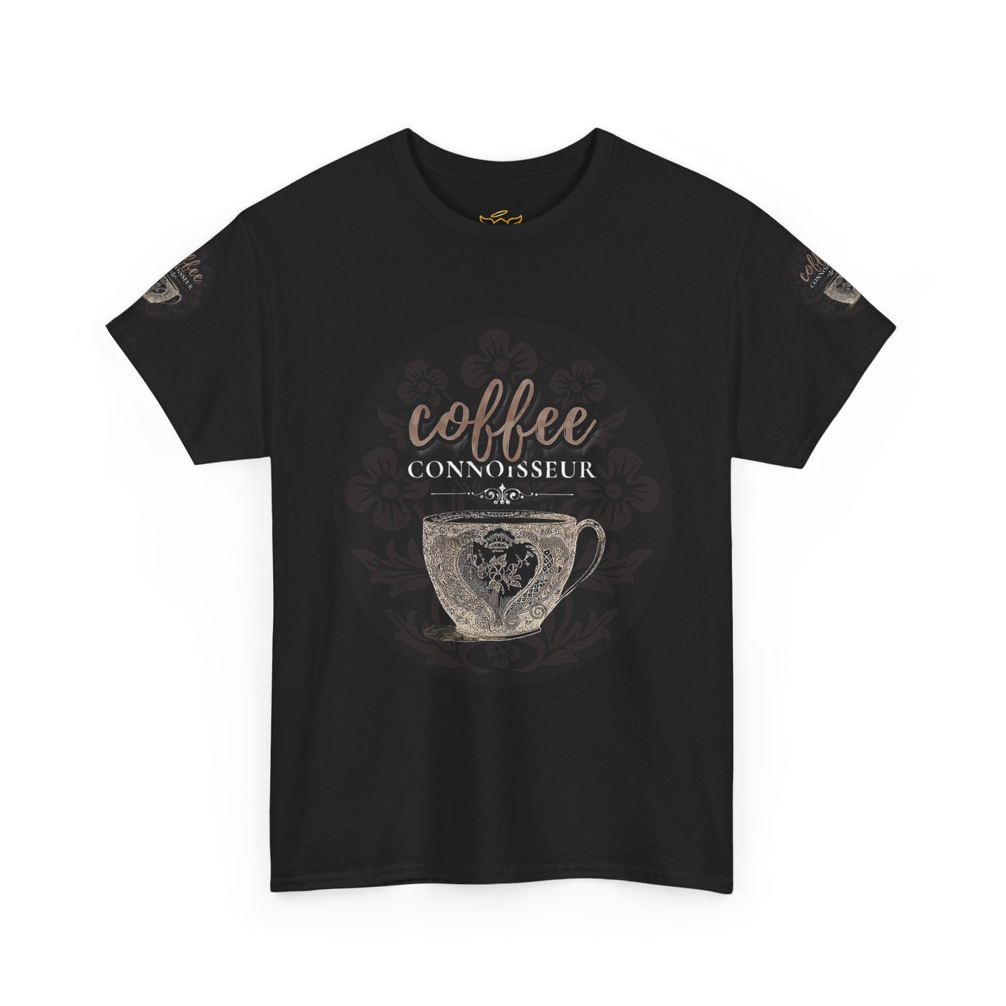 COFFEE LOVERS COTTON TEES For Connoisseurs, Black t-shirt with coffee-themed graphic and text on a white background