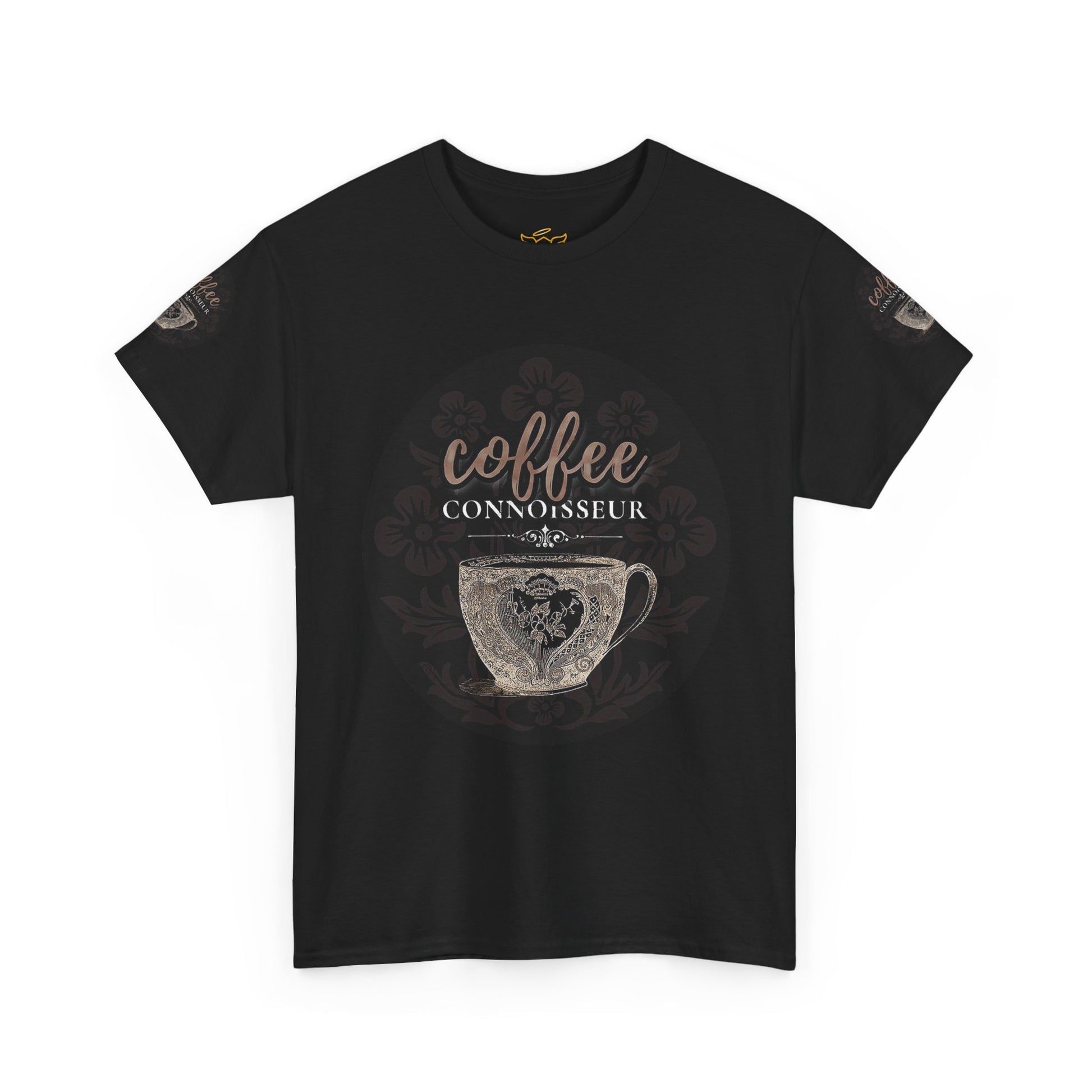 COFFEE LOVERS COTTON TEES For Connoisseurs, Black t-shirt with coffee-themed graphic and text on a white background