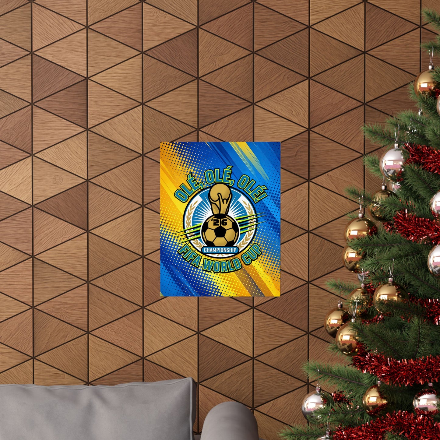 Decorative poster with a soccer design on a geometric-patterned wall next to a Christmas tree.