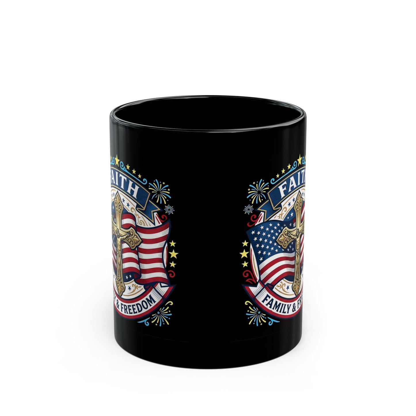 Faith, Family & Freedom Black Mug — American Flag Cross Ceramic Coffee Cup (USA 250th)