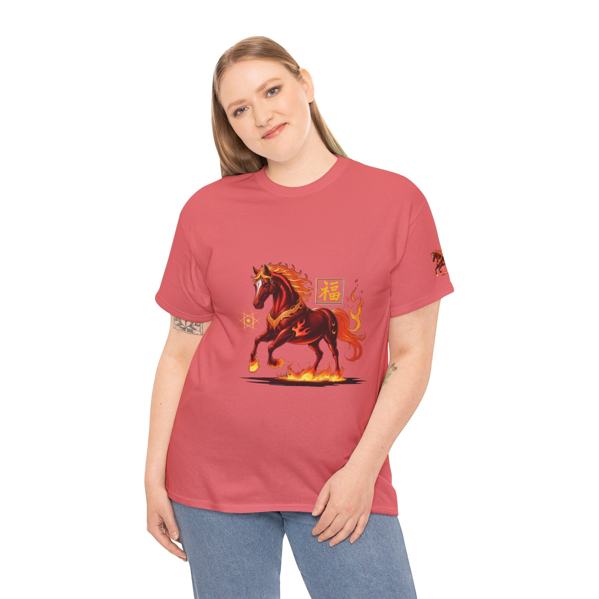 Lunar New Year Fiery Horse Novelty T-Shirt, Person wearing a red t-shirt with a horse graphic on a white background