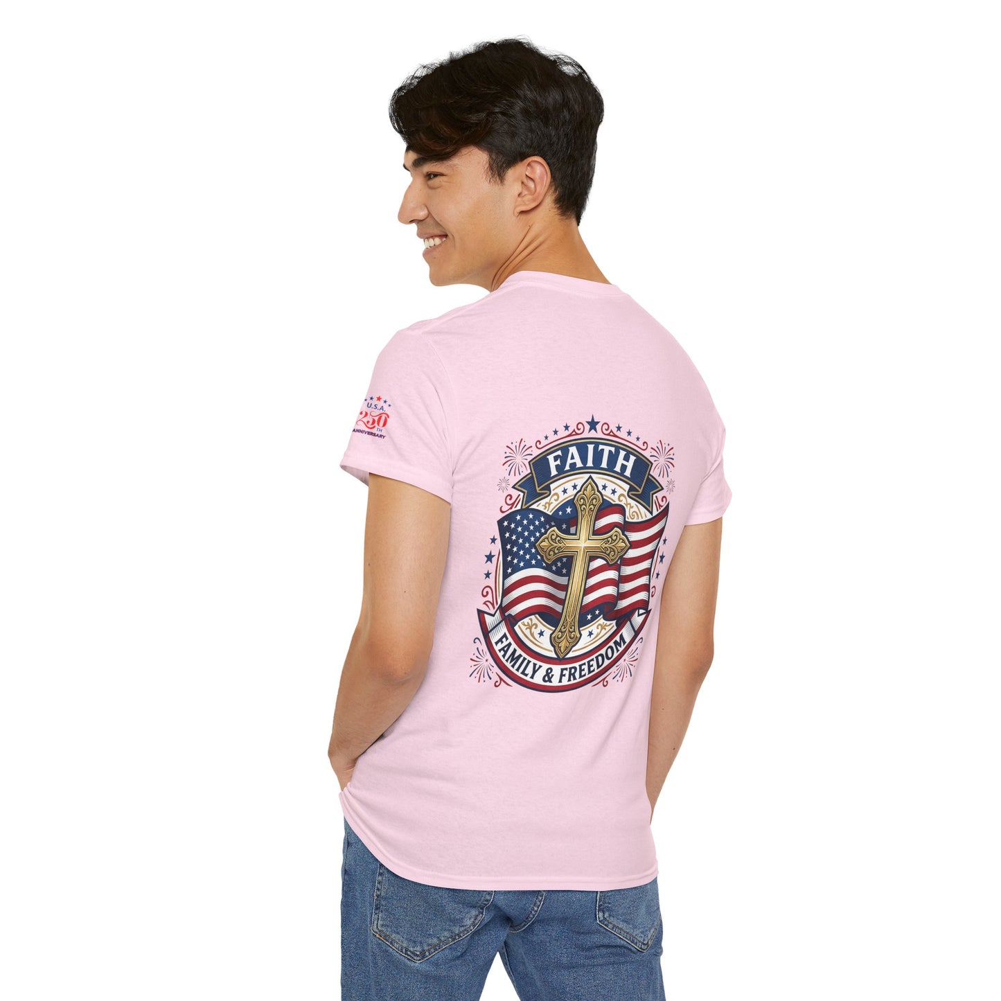 Faith, Family & Freedom Tee (USA 250th) — Patriotic Cross American Flag T-Shirt