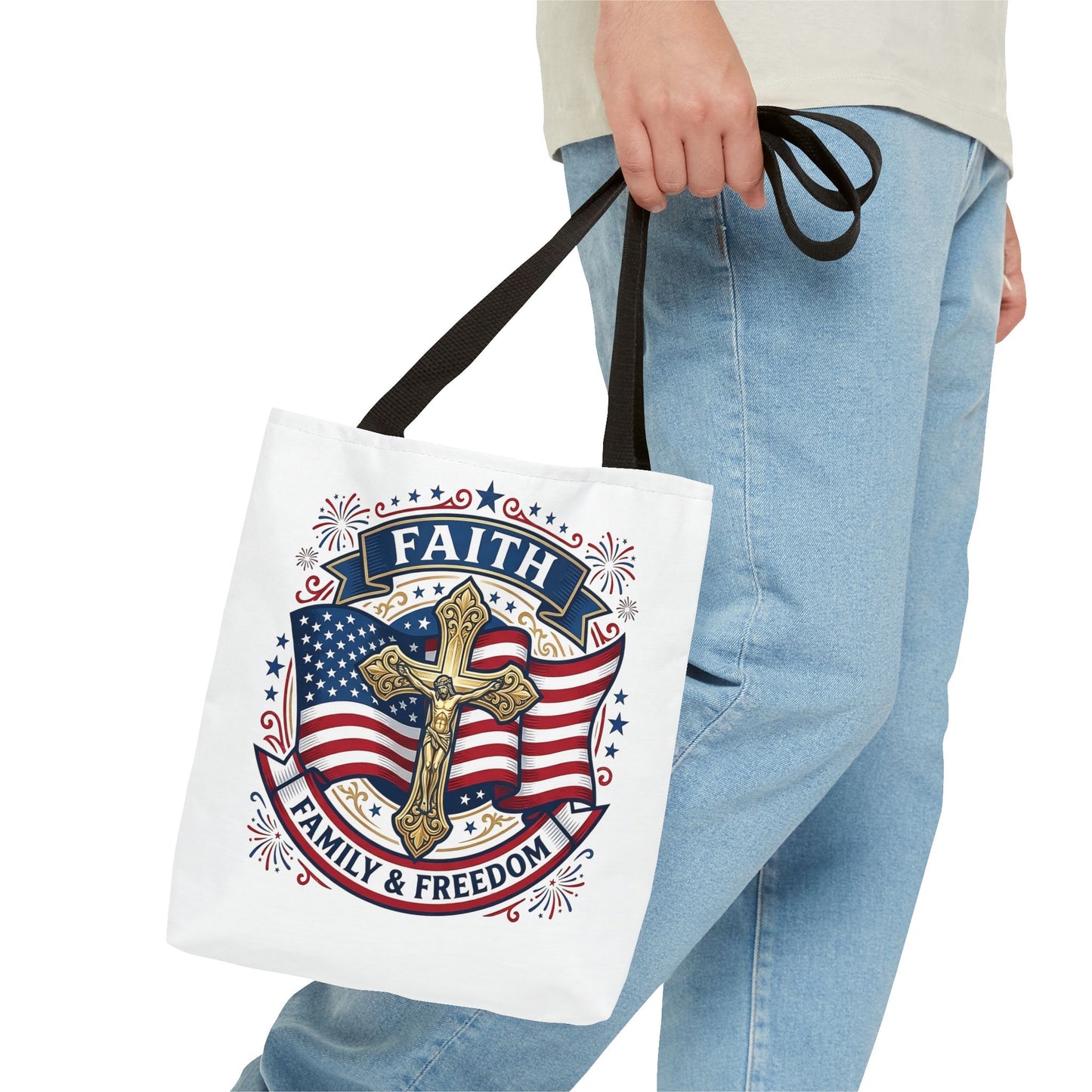 Faith, Family & Freedom Tote Bag — Patriotic Cross American Flag Tote (USA 250th)