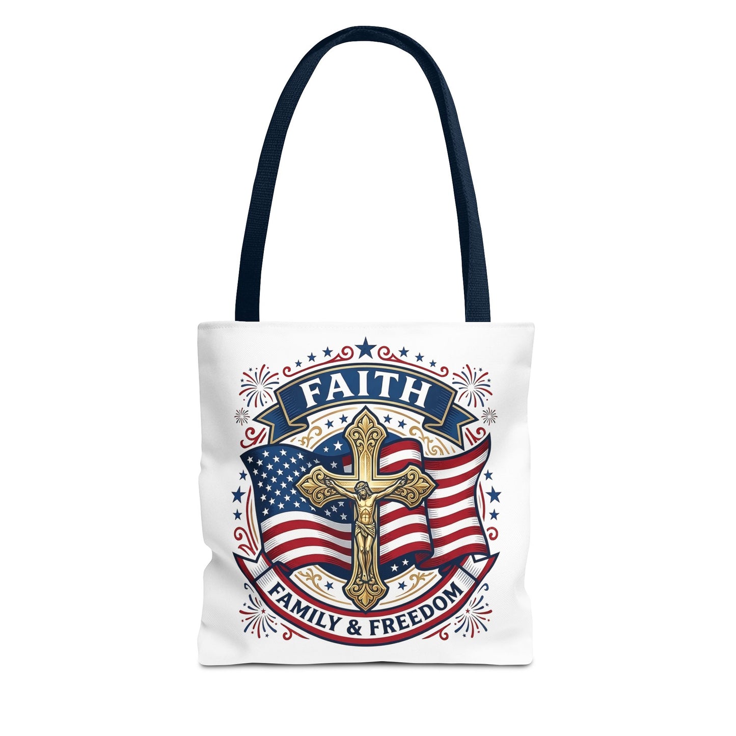 Faith, Family & Freedom Tote Bag — Patriotic Cross American Flag Tote (USA 250th)