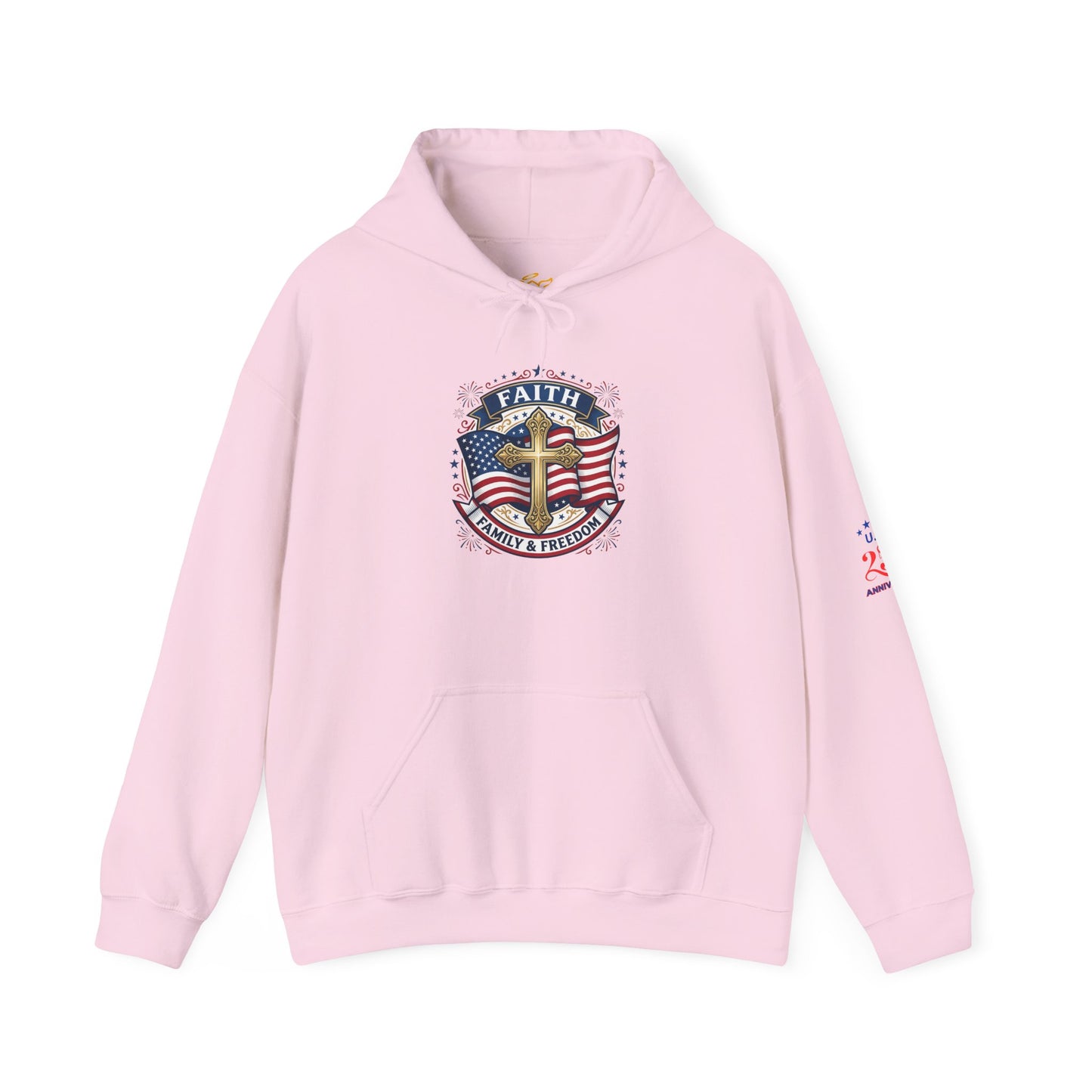 Faith, Family & Freedom Hoodie — Patriotic Cross American Flag Sweatshirt (USA 250th)