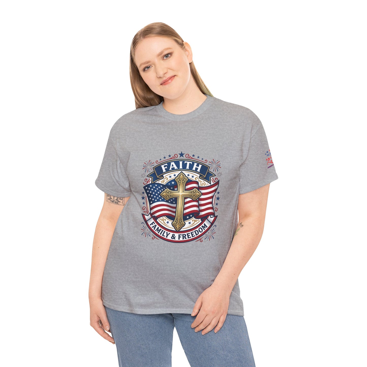 Faith, Family & Freedom Tee (USA 250th) — Patriotic Cross American Flag T-Shirt