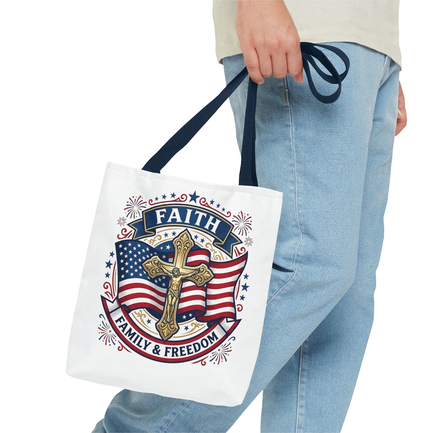 Faith, Family & Freedom Tote Bag — Patriotic Cross American Flag Tote (USA 250th)