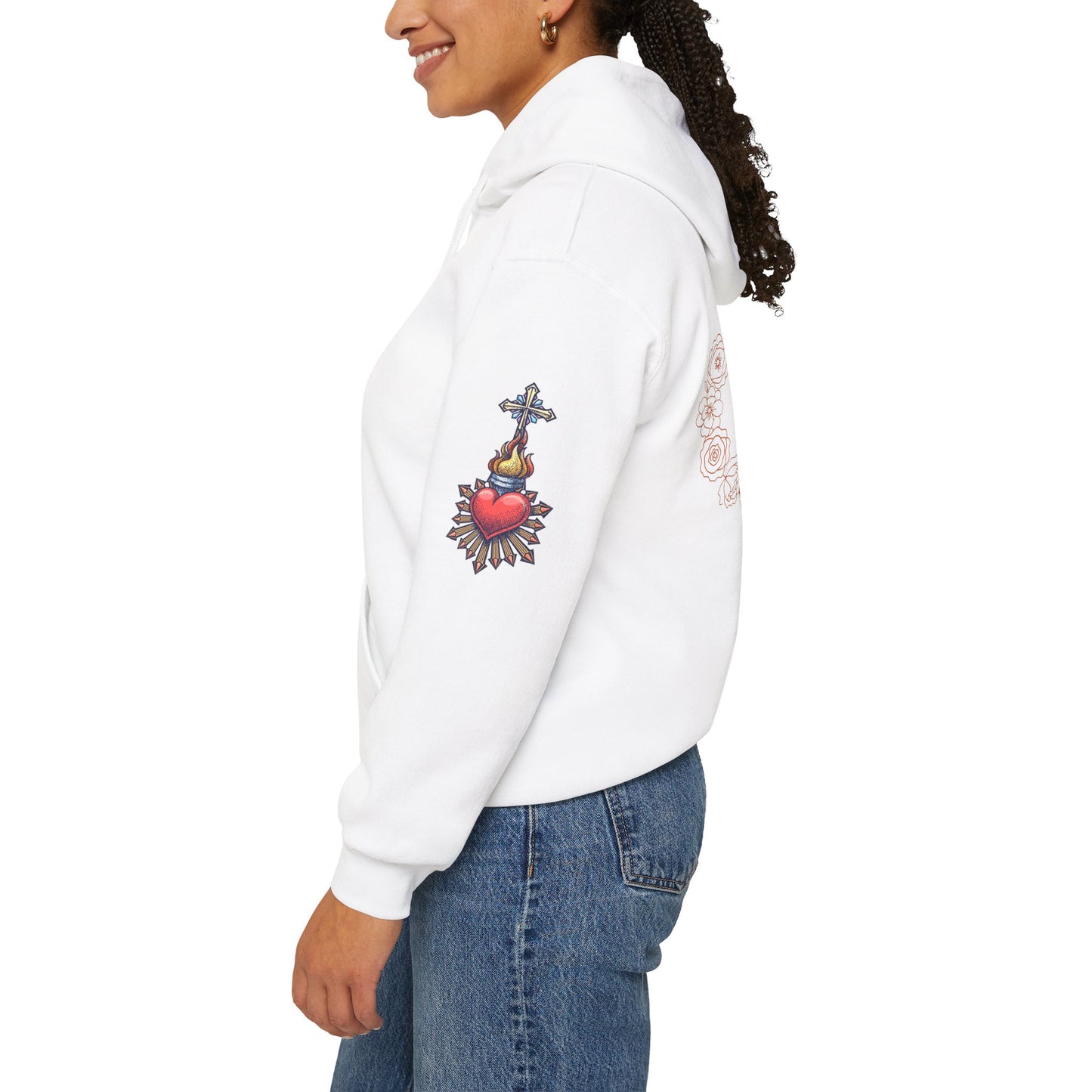 Sacred Hearts Hoodie — Three Flaming Hearts J.M.J. Devotional Sweatshirt (CT)