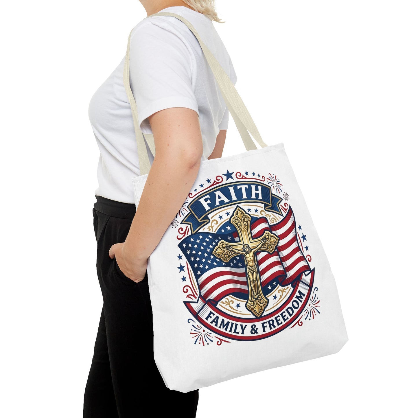 Faith, Family & Freedom Tote Bag — Patriotic Cross American Flag Tote (USA 250th)