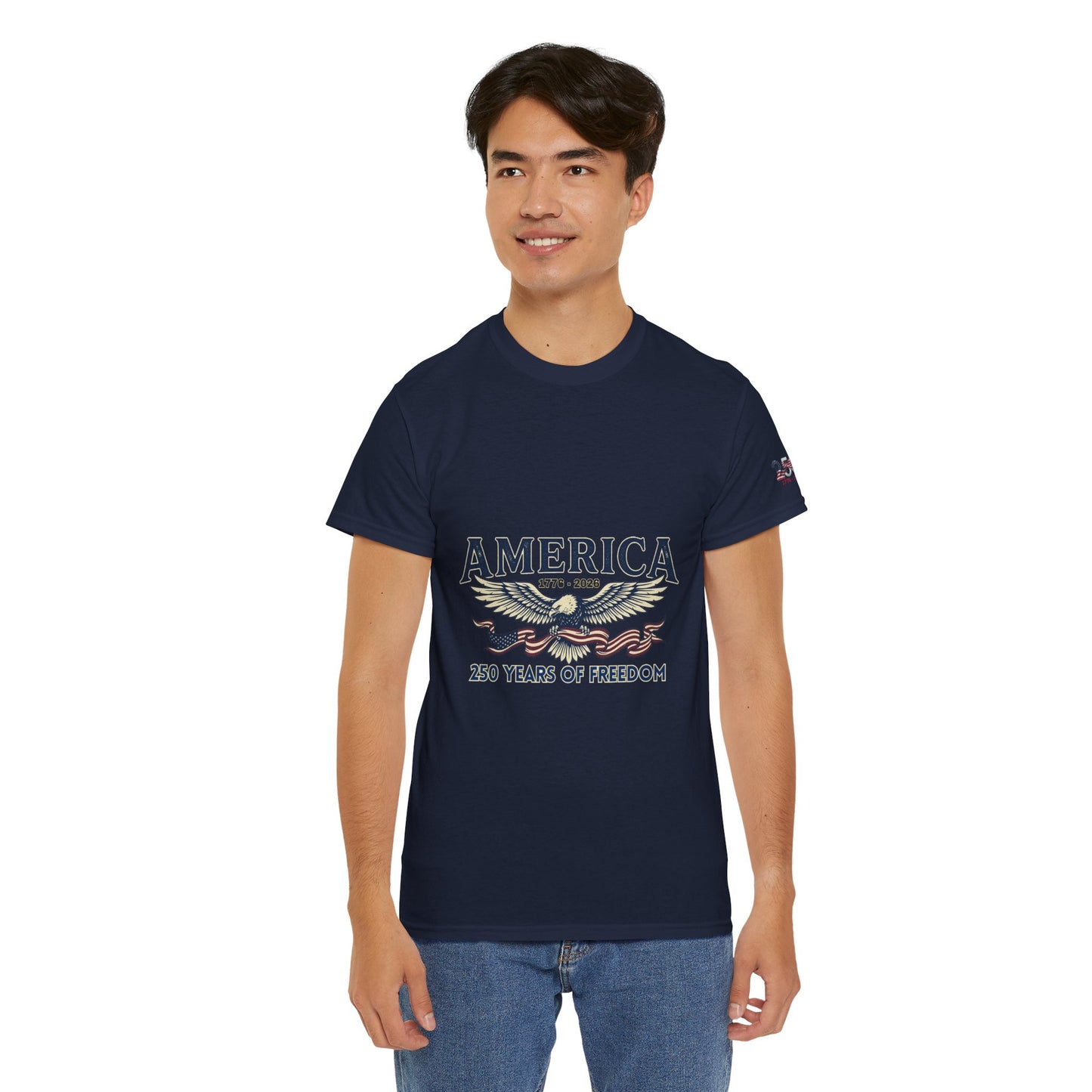 America 250 Years of Freedom T-Shirt — USA 250th ANNIVERSARY T-shirt, Person wearing a navy blue t-shirt with a graphic design on a white background