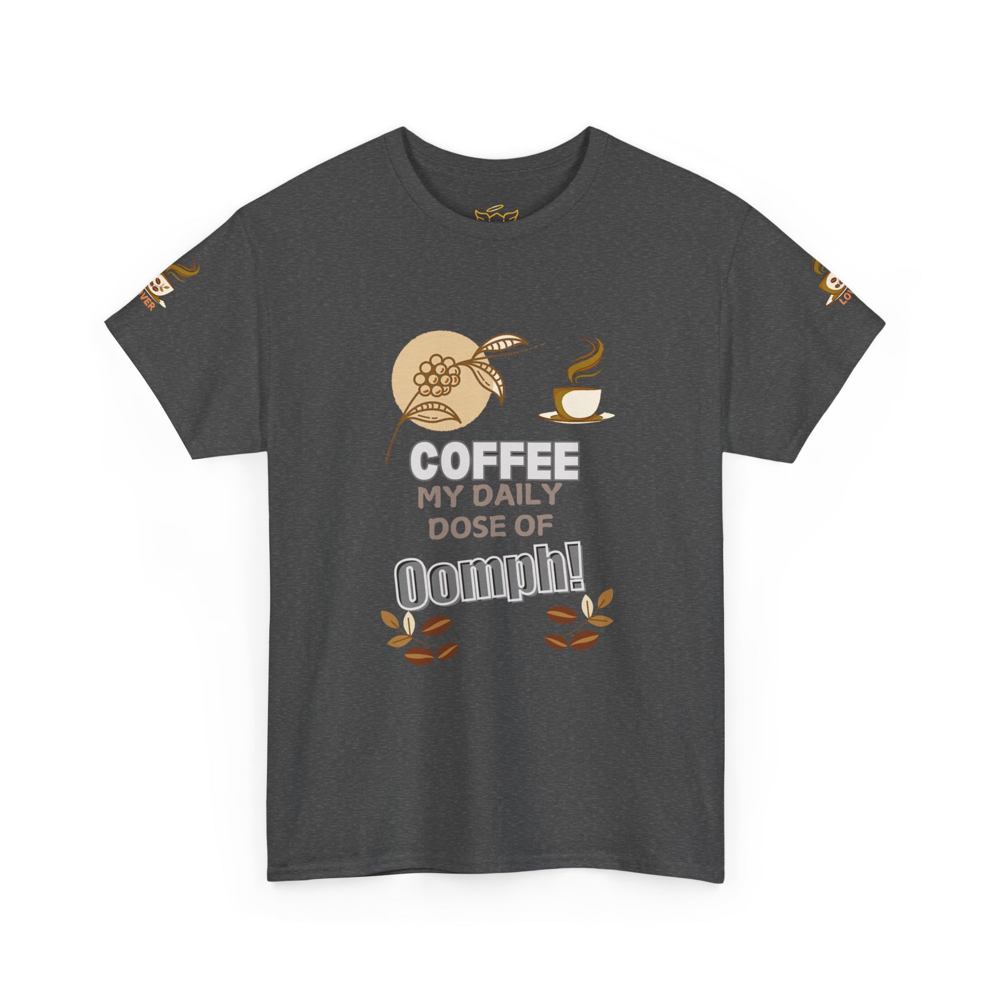 Coffee Lovers Heavy Cotton Tee - My Daily Dose of Oomph! Gray t-shirt with coffee-themed graphic and text on a white background
