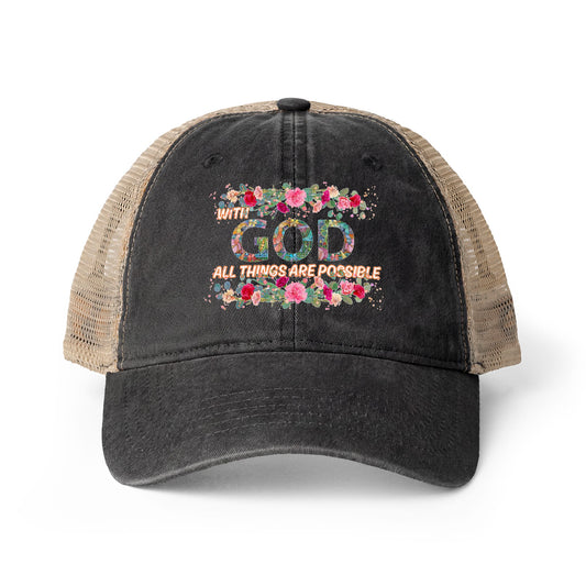 Black trucker cap with floral text design on the front of cap