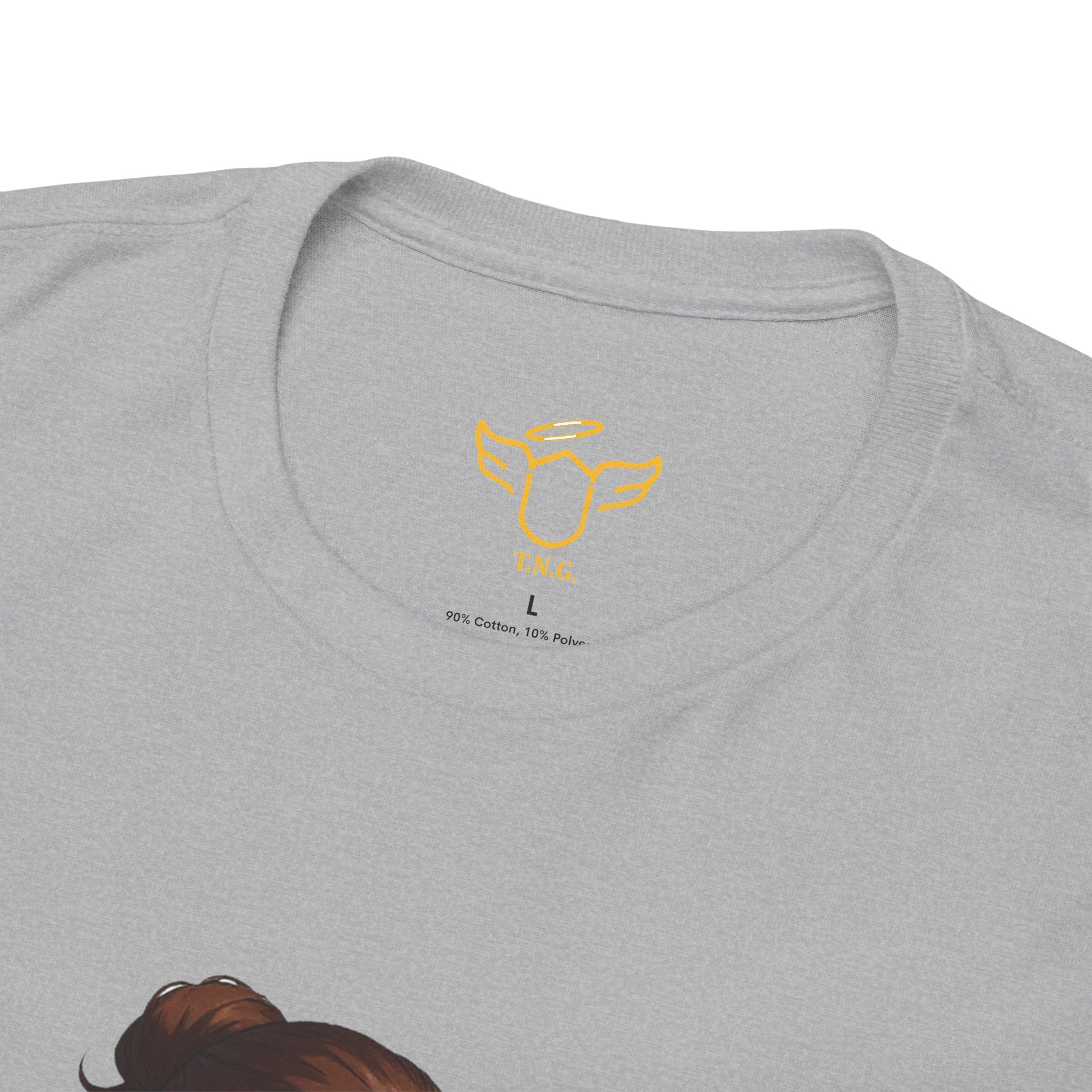 Gray t-shirt with a yellow logo on the collar and text below it.