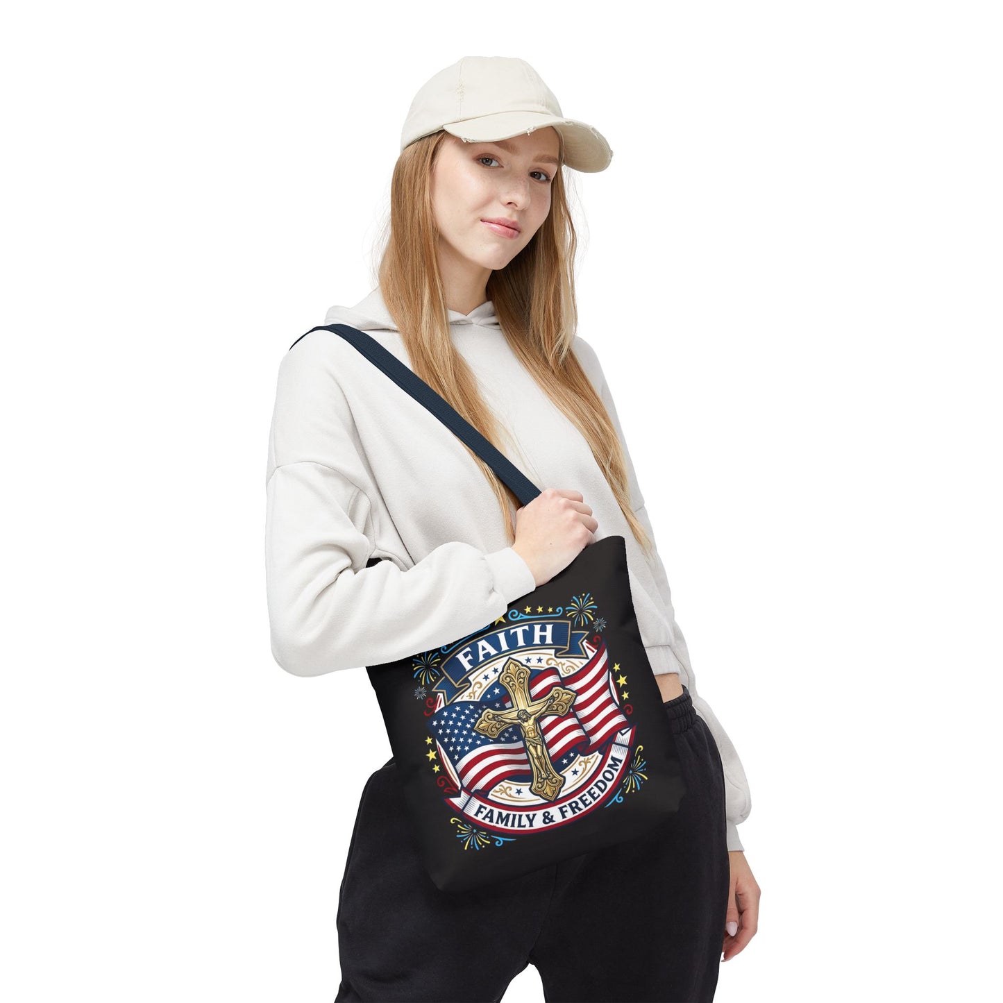 Faith, Family & Freedom Cross Bag — Patriotic American Flag Canvas Tote (USA 250th)