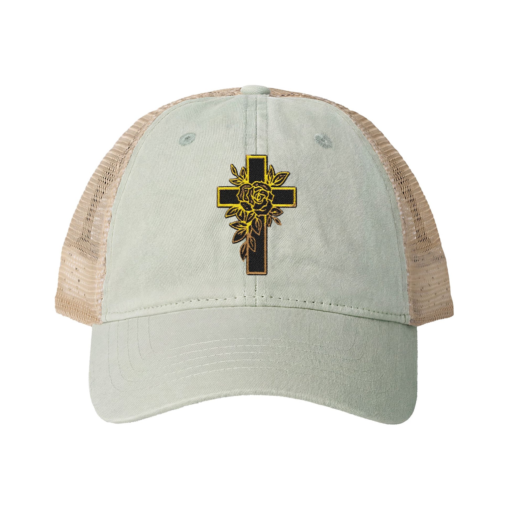 Beige trucker cap with a black cross and yellow flower design on a front of cap