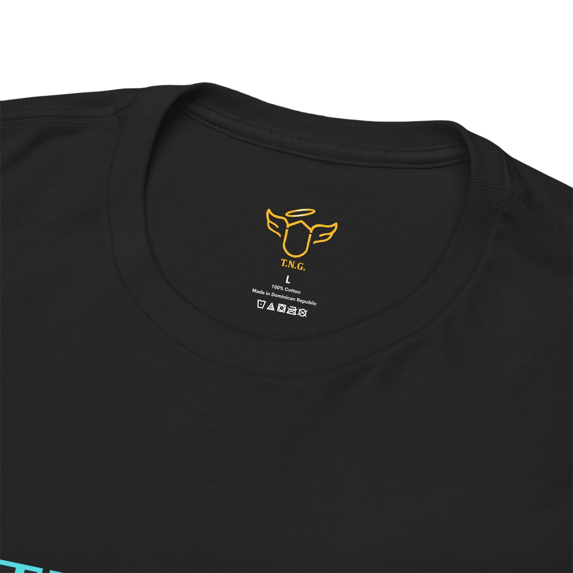 Novelty Tee - "Turn Off the Noise, Turn On Your Mind Tee" — Motivational Graphic Slogan,  Black t-shirt with a yellow logo and text on the collar area