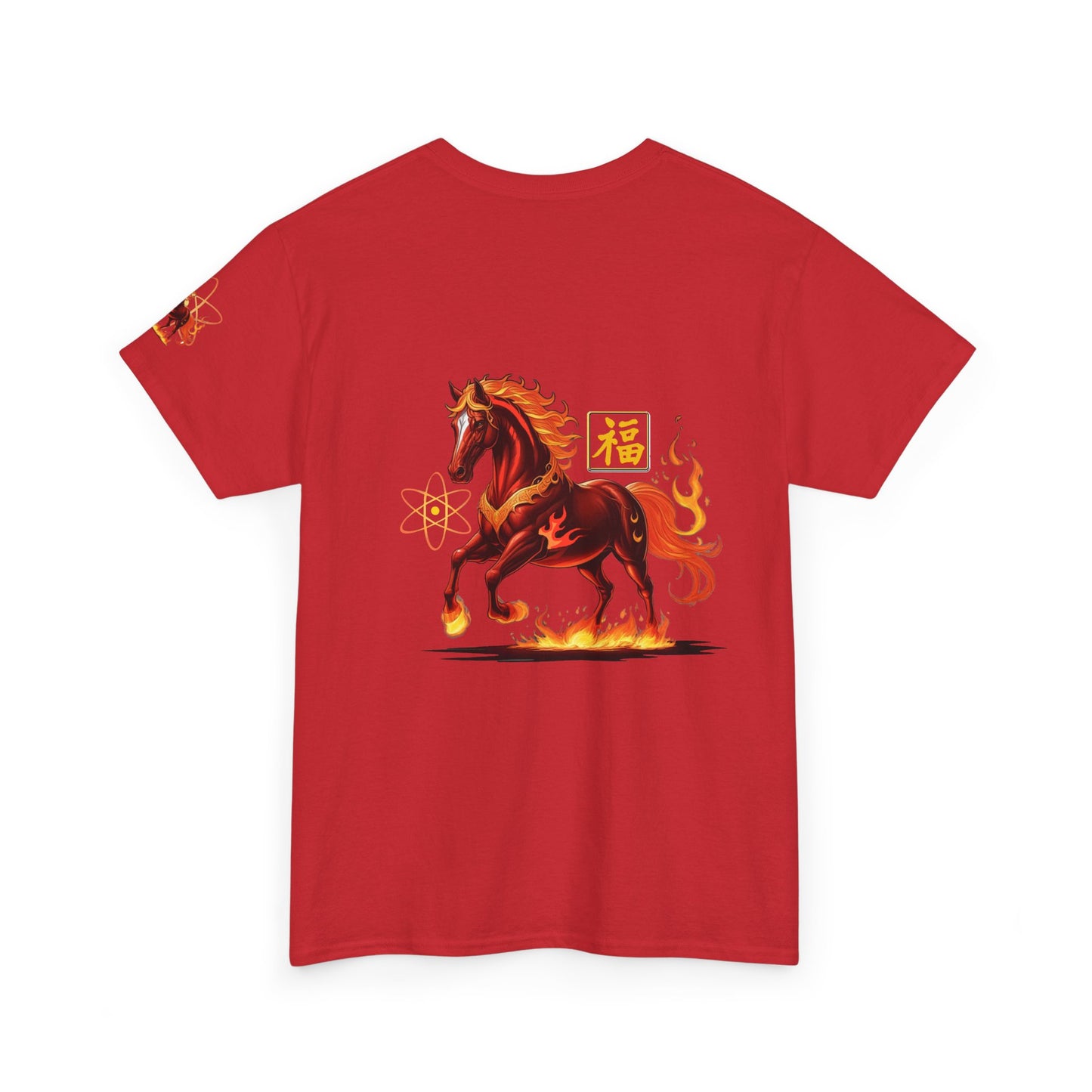 Lunar New Year Fiery Horse Novelty T-Shirt, Red t-shirt with a horse design on the back against a white background