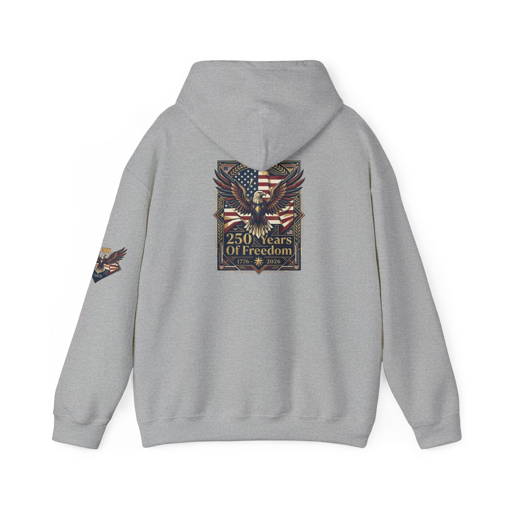 America 250 Years of Freedom Hoodie — USA 250th ANNIVERSARY Patriotic Hoodie, Gray hoodie with eagle and flag design on the back, on a white background