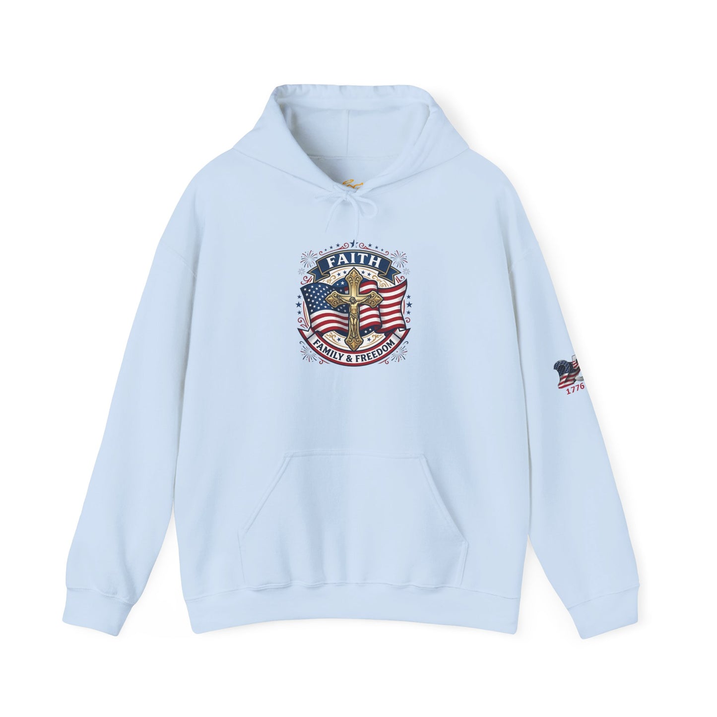 Catholic Faith, Family & Freedom Hoodie - Patriotic American Flag Cross Pullover (USA 250th)