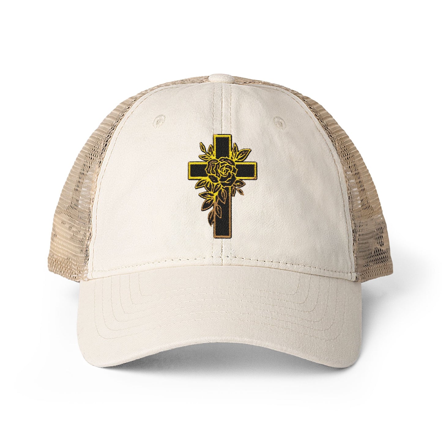 Beige trucker cap with a black cross and yellow rose design on the front of the cap