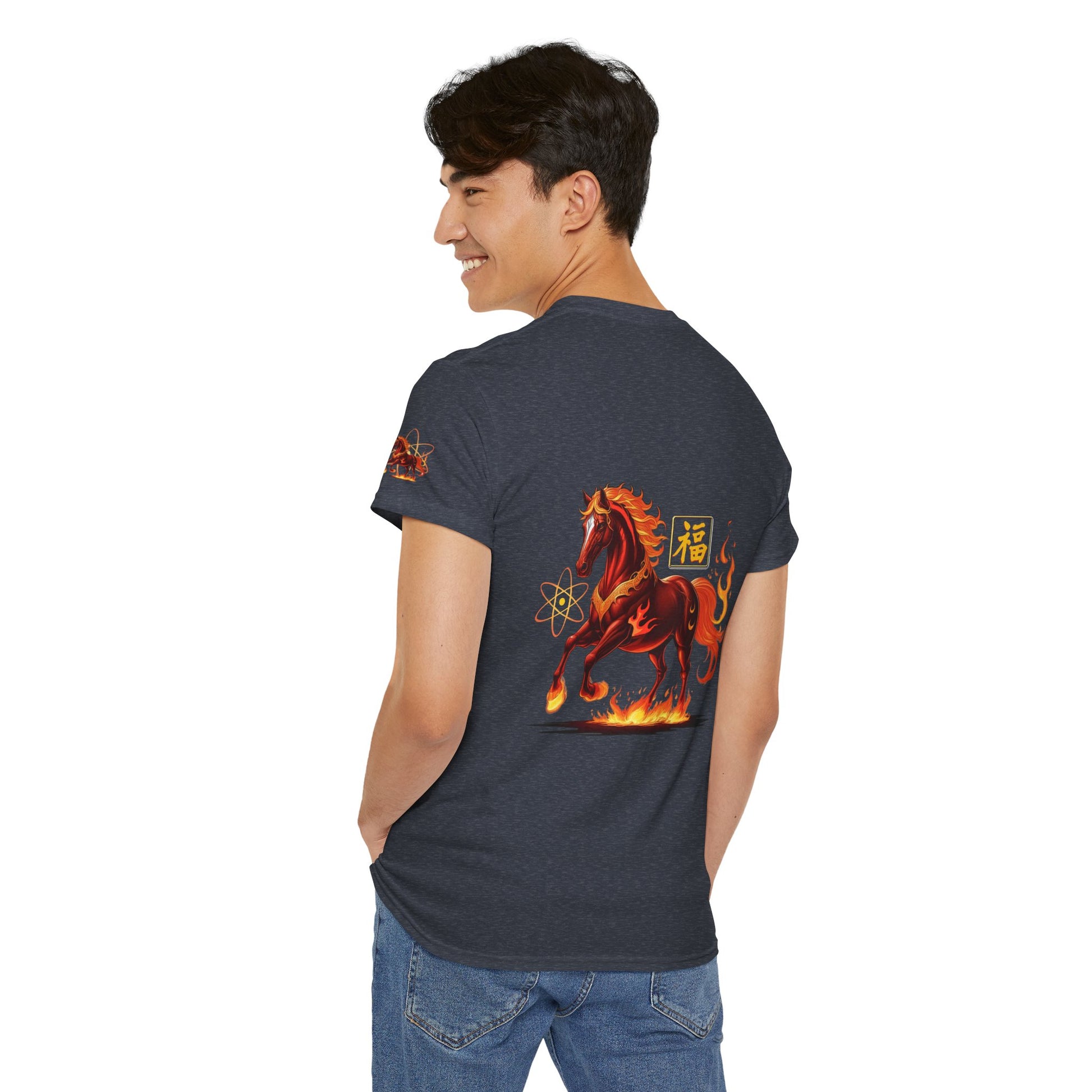 Lunar New Year Fiery Horse Novelty T-Shirt, Person wearing a dark t-shirt with a fiery horse design on the back, standing against a white background.