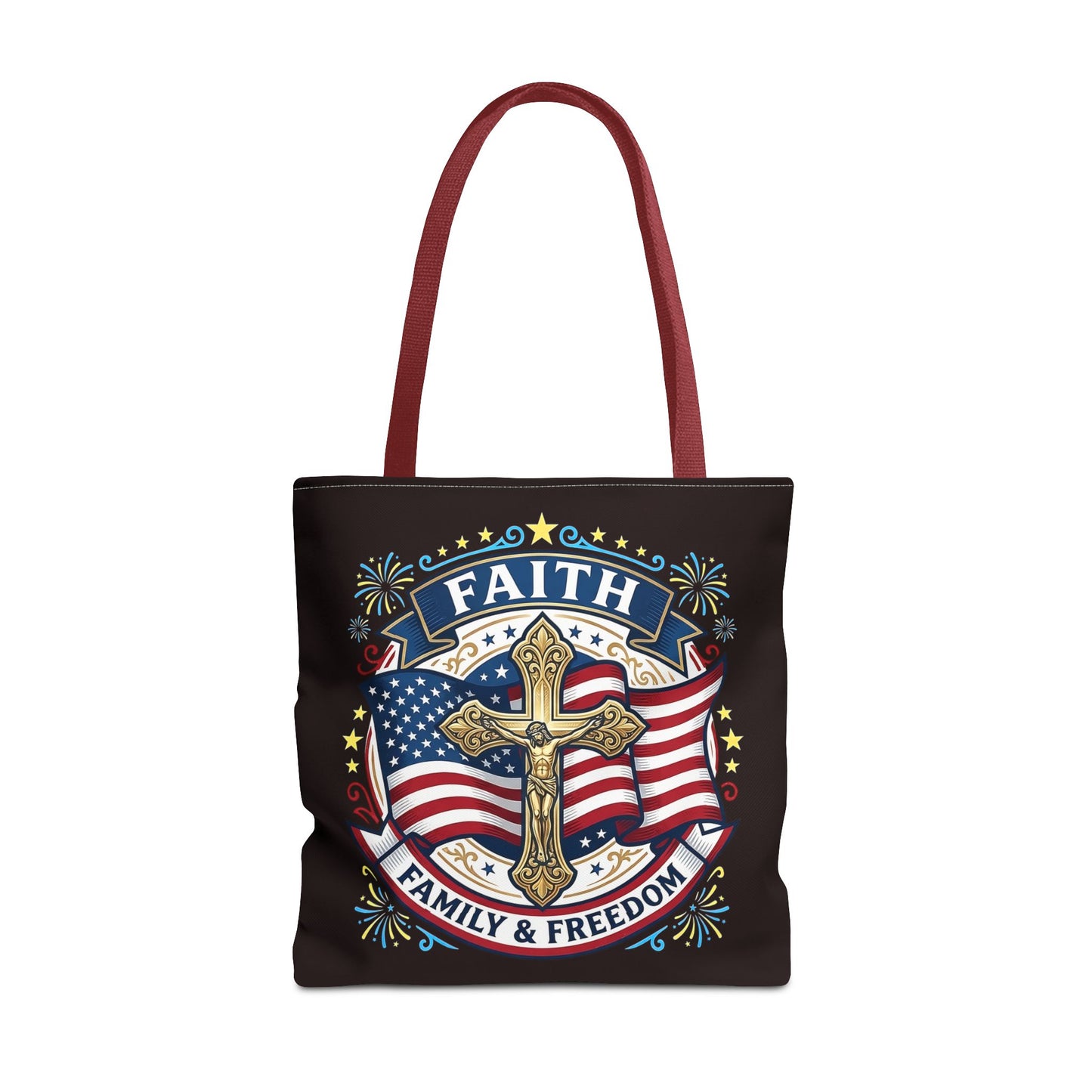 Faith, Family & Freedom Cross Bag — Patriotic American Flag Canvas Tote (USA 250th)