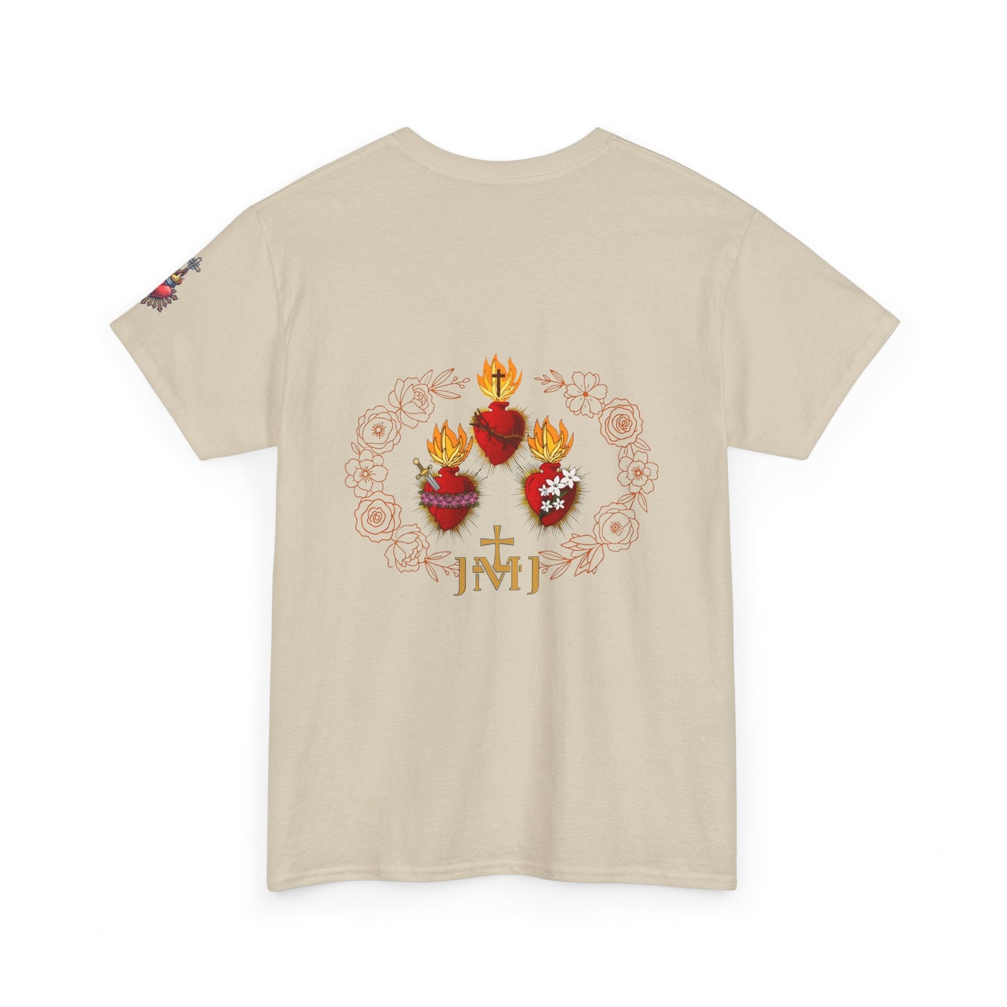 Sacred Hearts Tee — Three Flaming Hearts with JMJ Cross (CT)