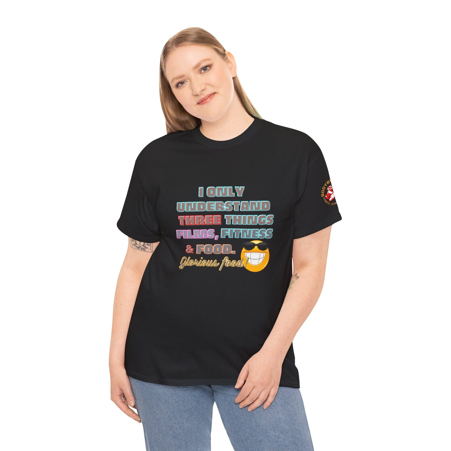 Funny Fitness Quotes Cotton T-shirt, Person wearing a black t-shirt with colorful text and graphics on a white background