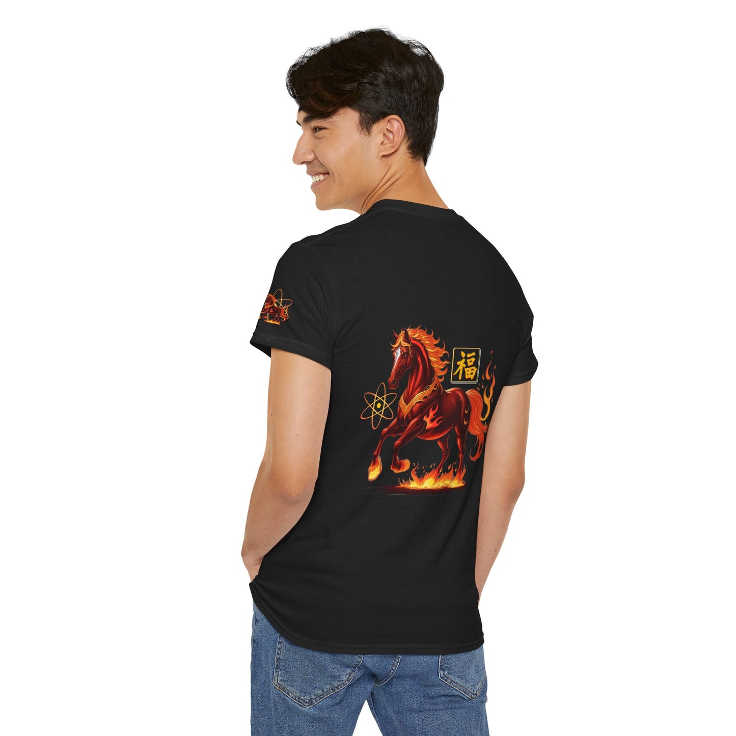 Lunar New Year Fiery Horse Novelty T-Shirt, Person wearing a black t-shirt with a fiery horse design on the back, standing against a white background.