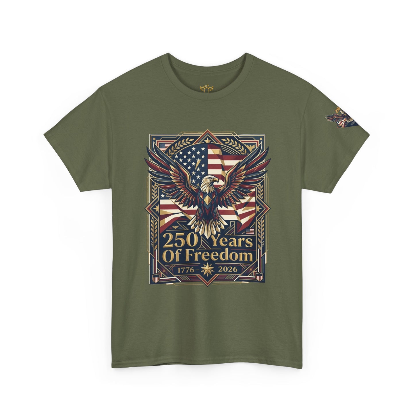 250 Years of Freedom Eagle T-Shirt, Green t-shirt with eagle and American flag design on a white background