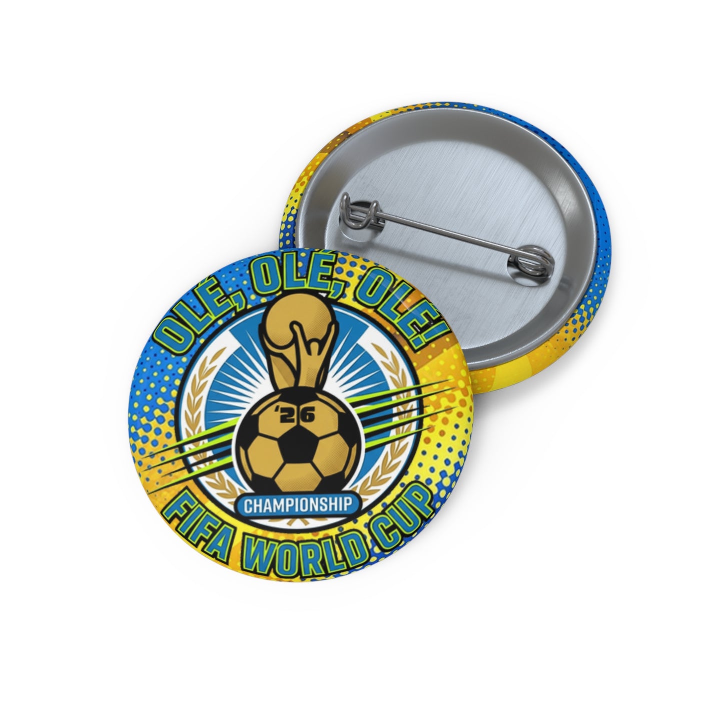 FIFA World Cup Soccer Pin Button , FIFA World Cup button badge with soccer ball design on a white background