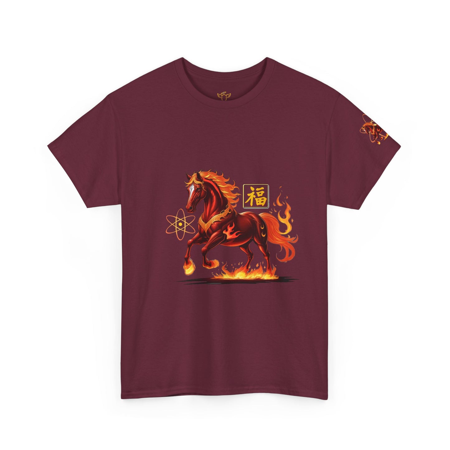 Lunar New Year Fiery Horse Novelty T-Shirt, Maroon t-shirt with a fiery horse design on a white background