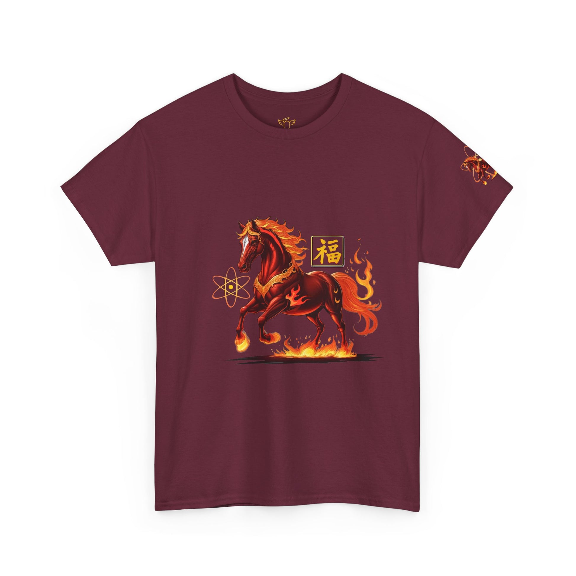 Lunar New Year Fiery Horse Novelty T-Shirt, Maroon t-shirt with a fiery horse design on a white background