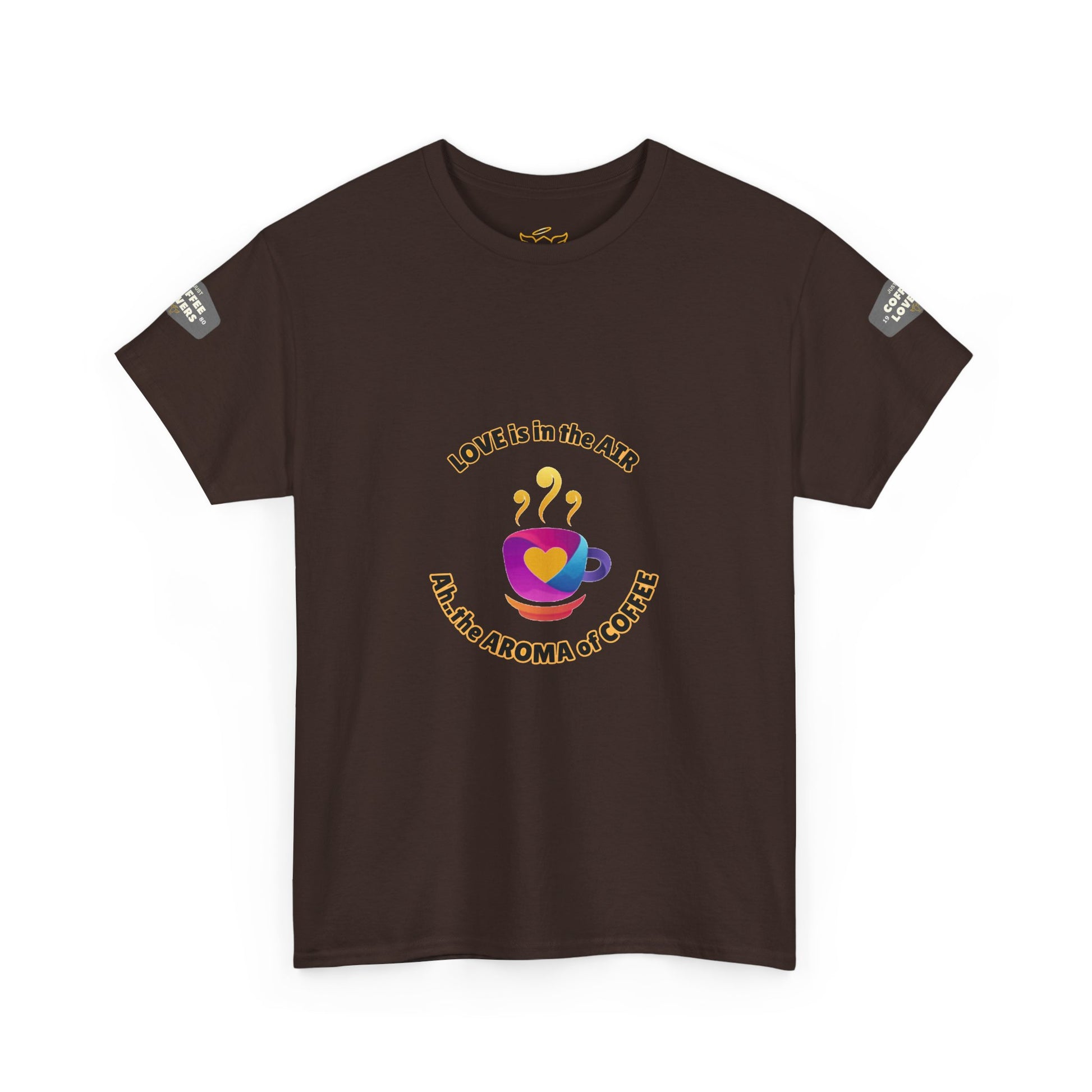 Coffee Lovers Tee with Quote - 'Love is in the Air Ah.. the Aroma of Coffee',  Brown t-shirt with a colorful graphic and text on a white background