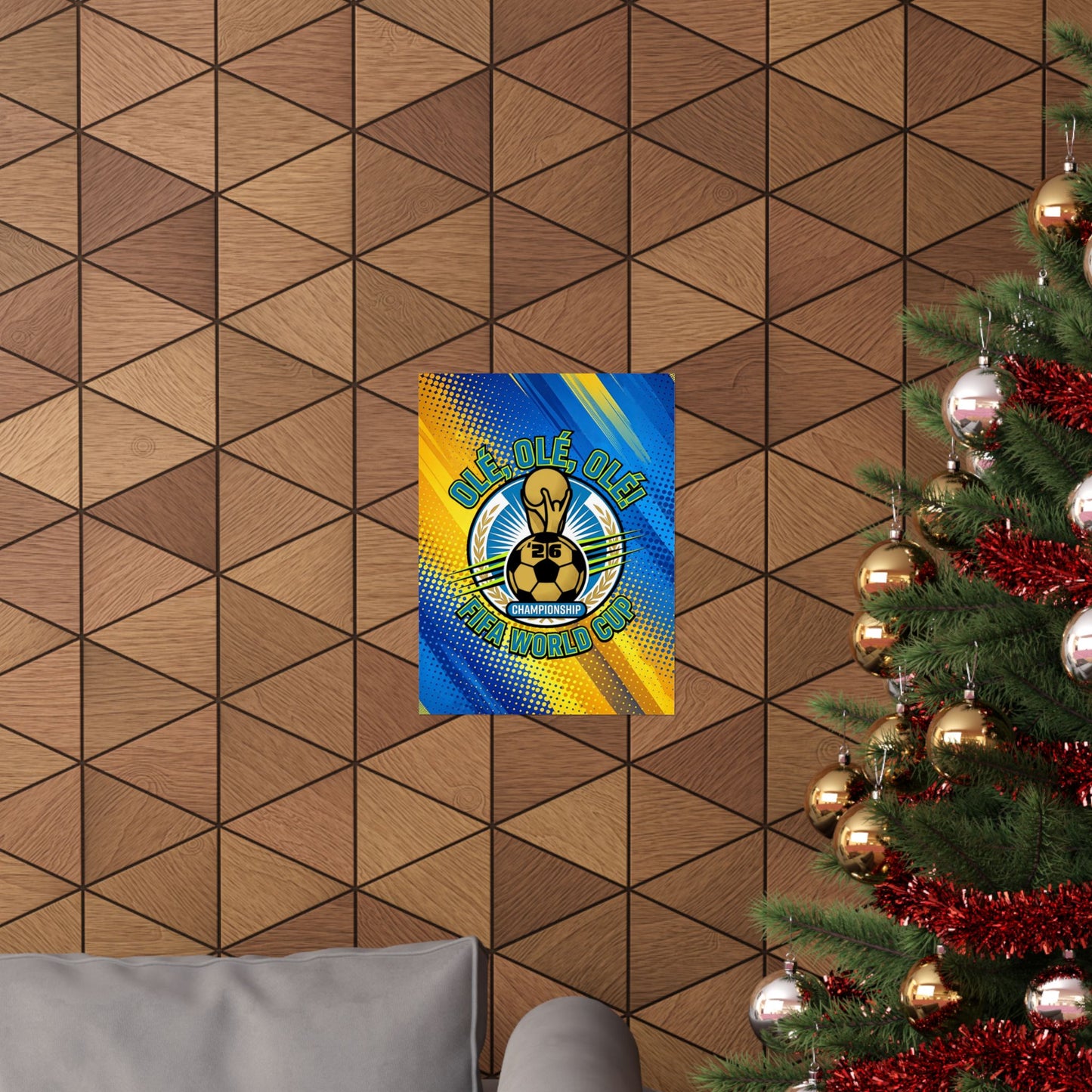 Decorative poster with a colorful design on a wooden wall next to a Christmas tree.