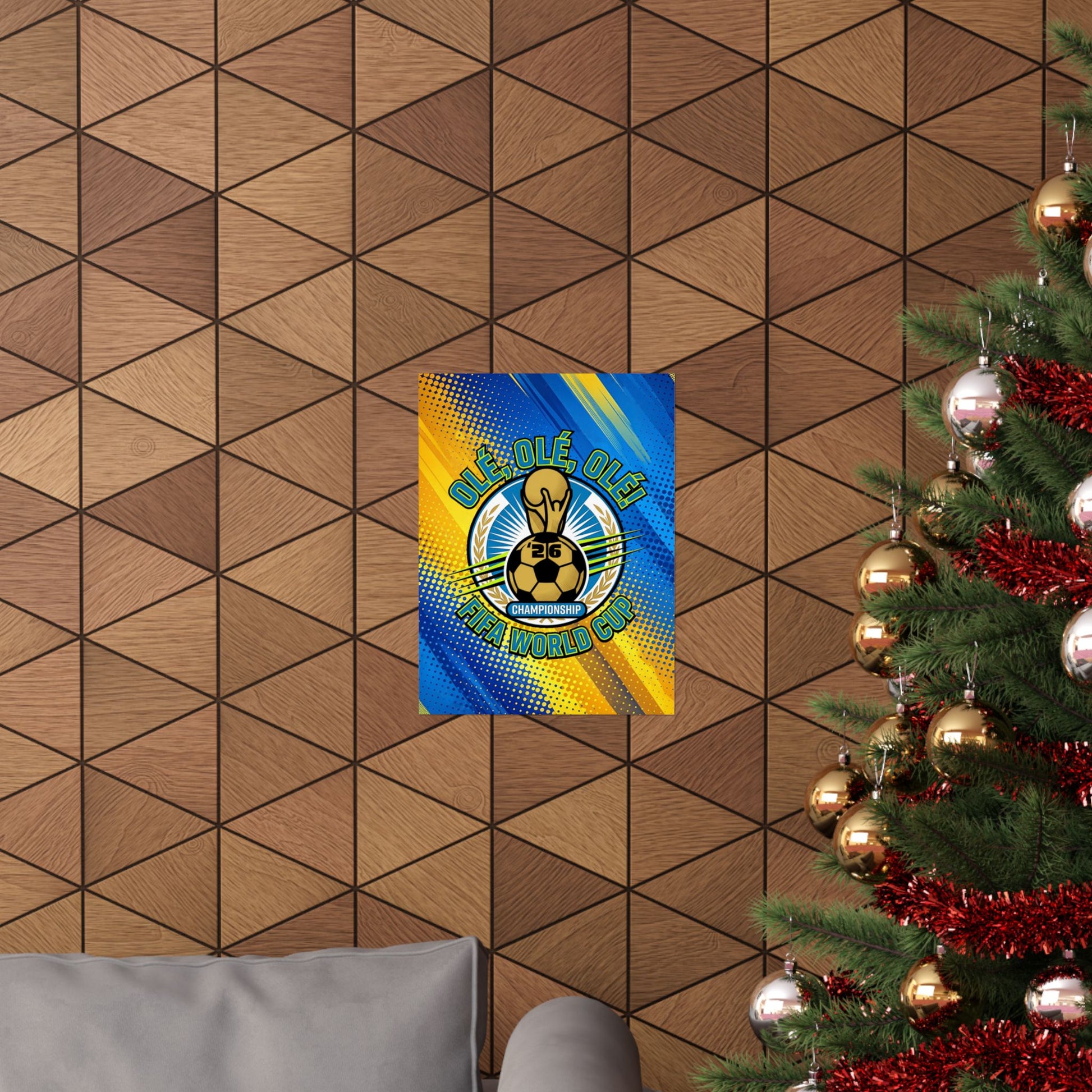 Decorative poster with a colorful design on a wooden wall next to a Christmas tree.