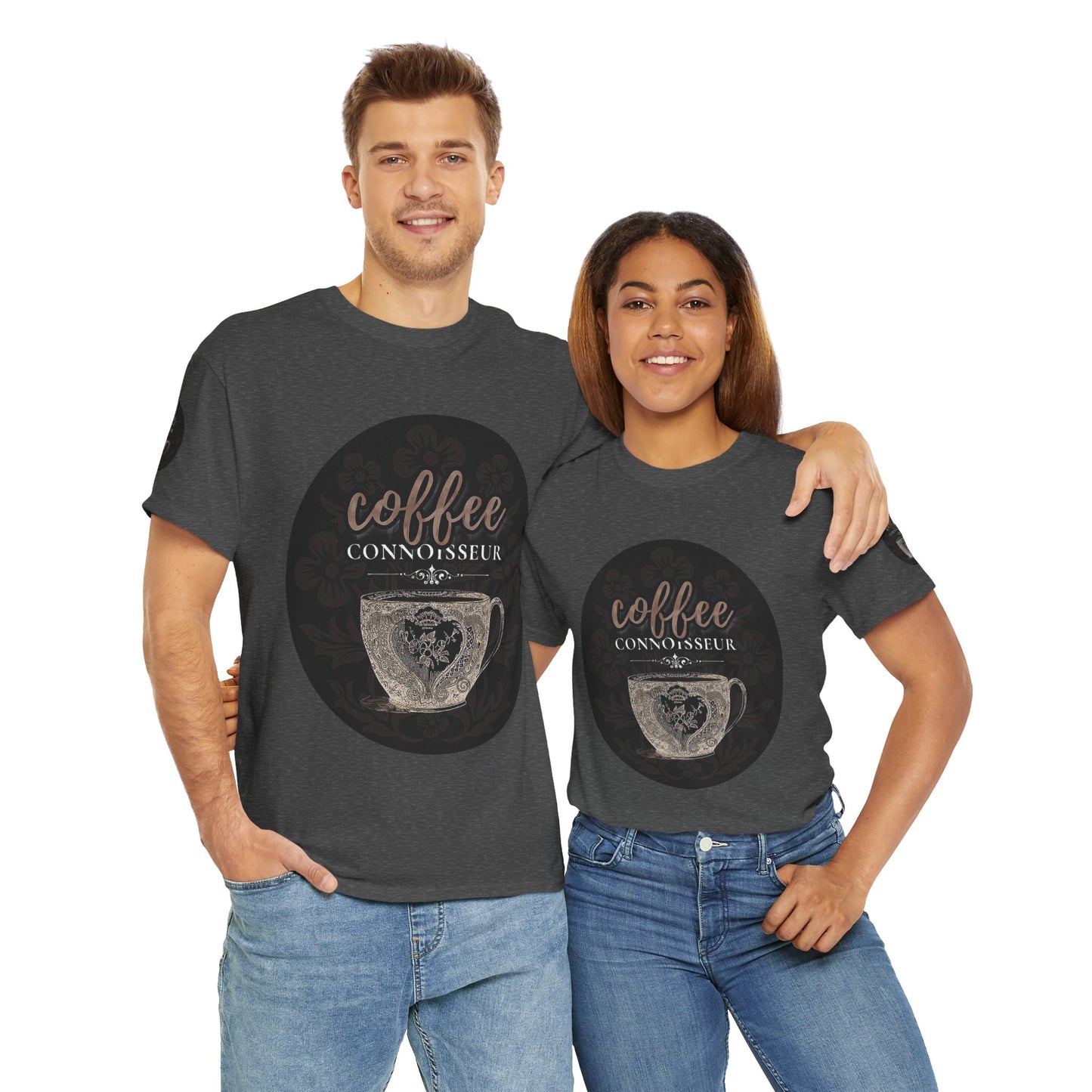 COFFEE LOVERS COTTON TEES For Connoisseurs, Two people wearing matching dark gray t-shirts with 'coffee connoisseur' design on a white background