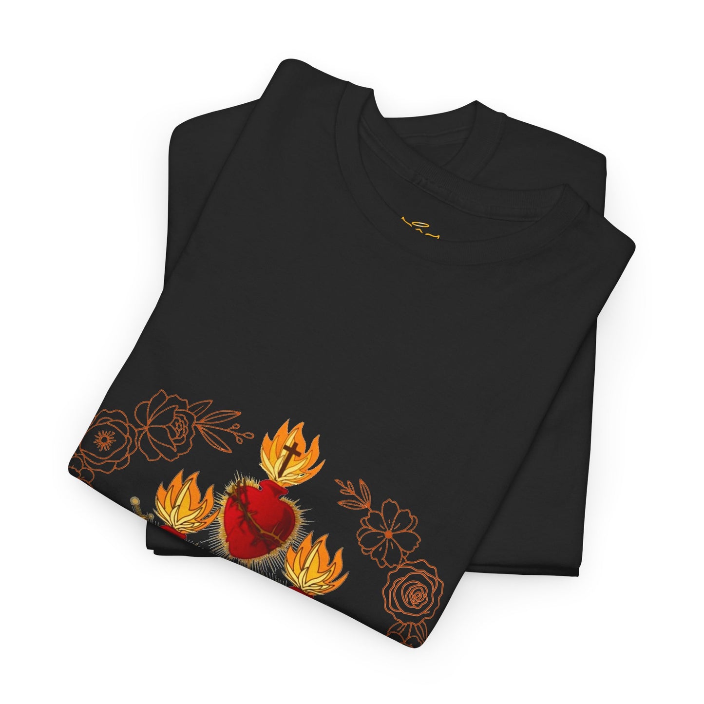 Sacred Hearts Tee — Three Flaming Hearts with JMJ Cross (CT)