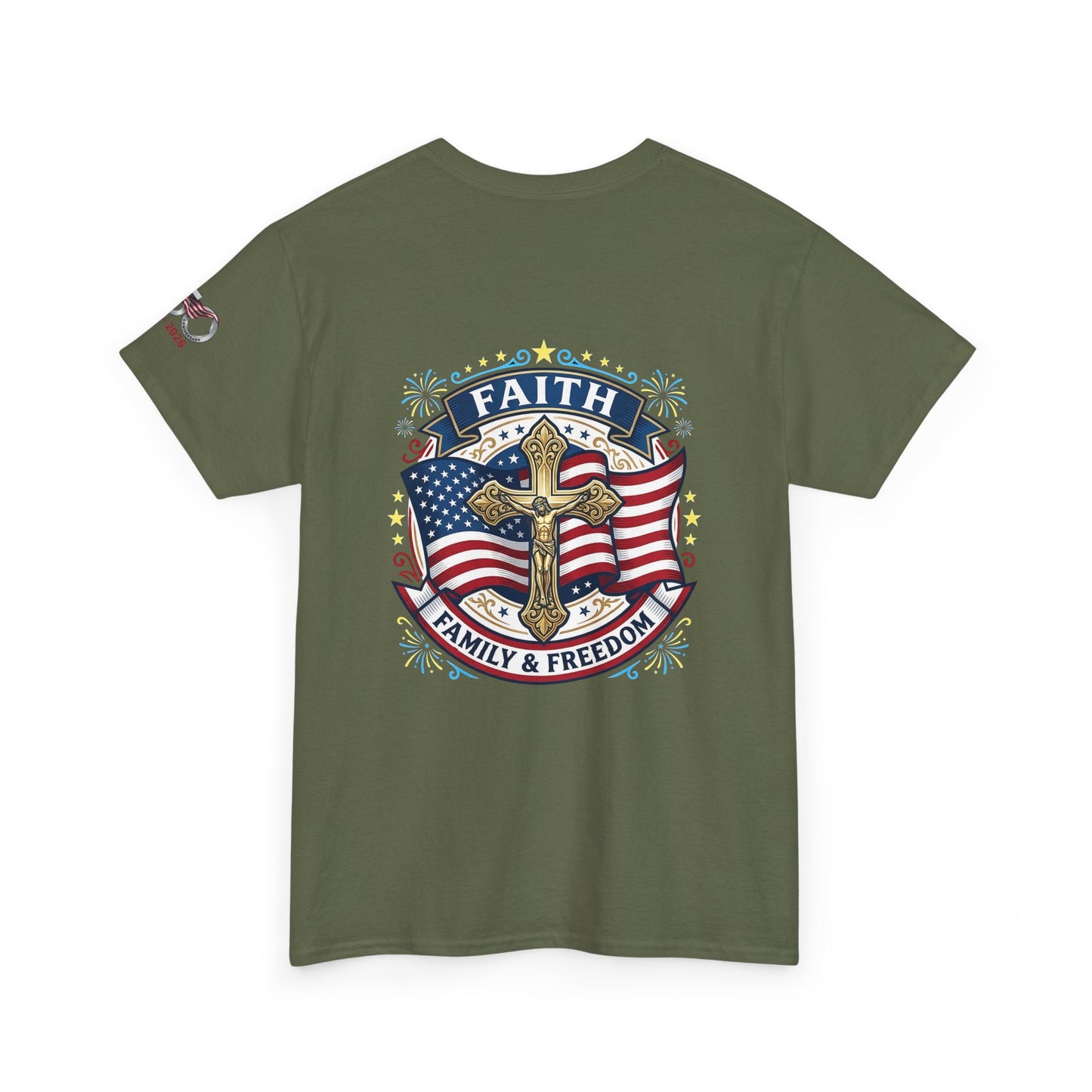 Catholic Faith Family & Freedom T-Shirt — American Flag Cross Patriotic T-shirt (USA 250th)