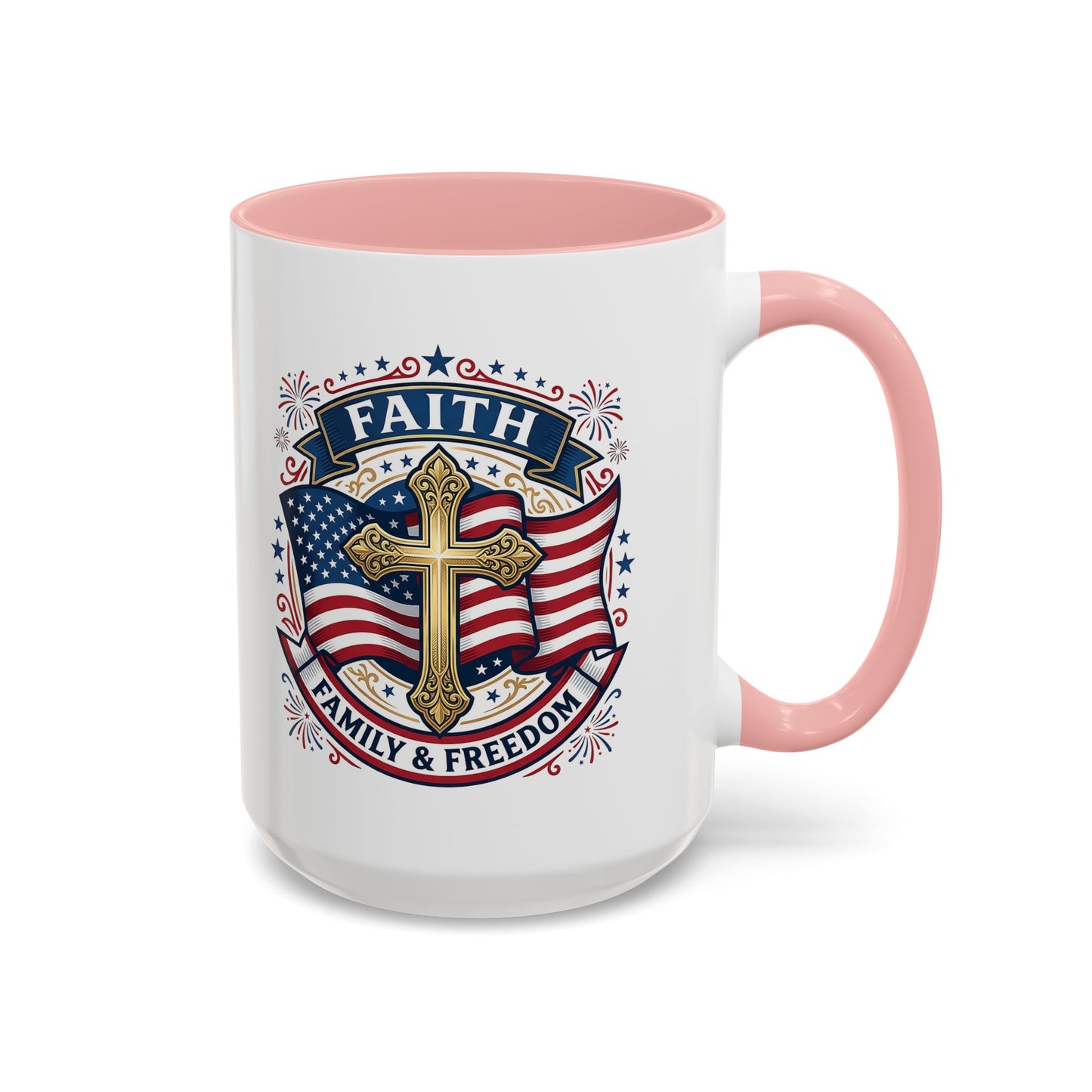 Faith, Family & Freedom Accent Coffee Mug — Patriotic Cross Mug  (USA 250th)