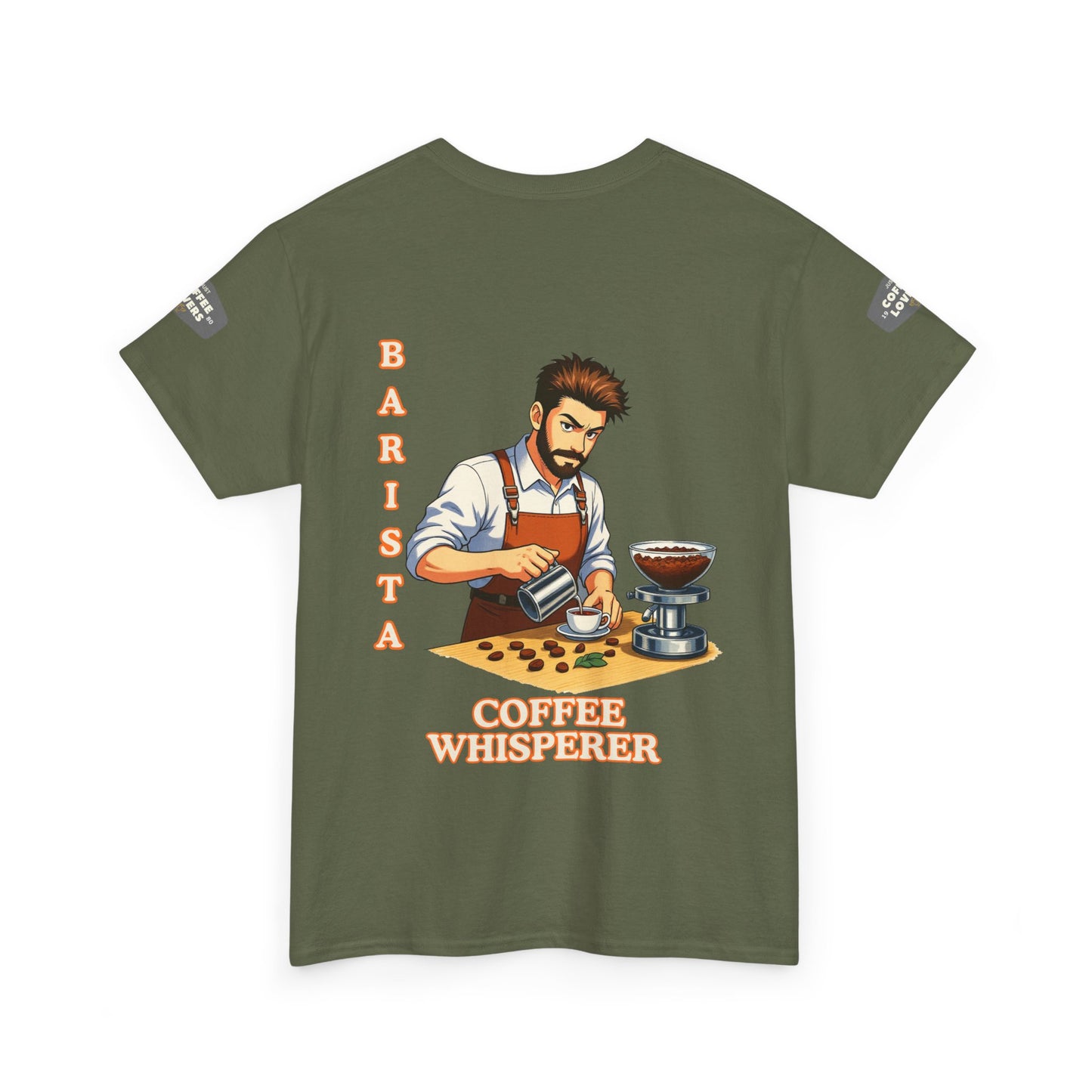 Coffee Lovers Cotton Tee for Male Barista,  Green t-shirt with a graphic of a barista and text 'Barista Coffee Whisperer' on a white background
