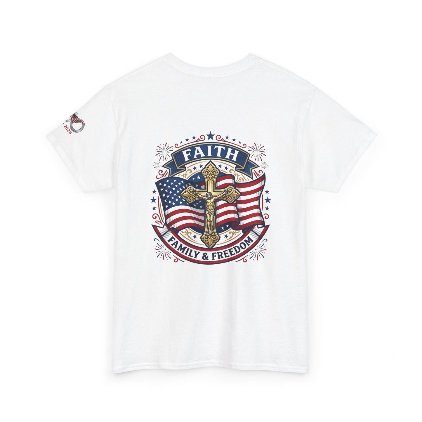 Catholic Faith, Family & Freedom T‑Shirt — Patriotic Cross American Flag Tee (USA 250th)