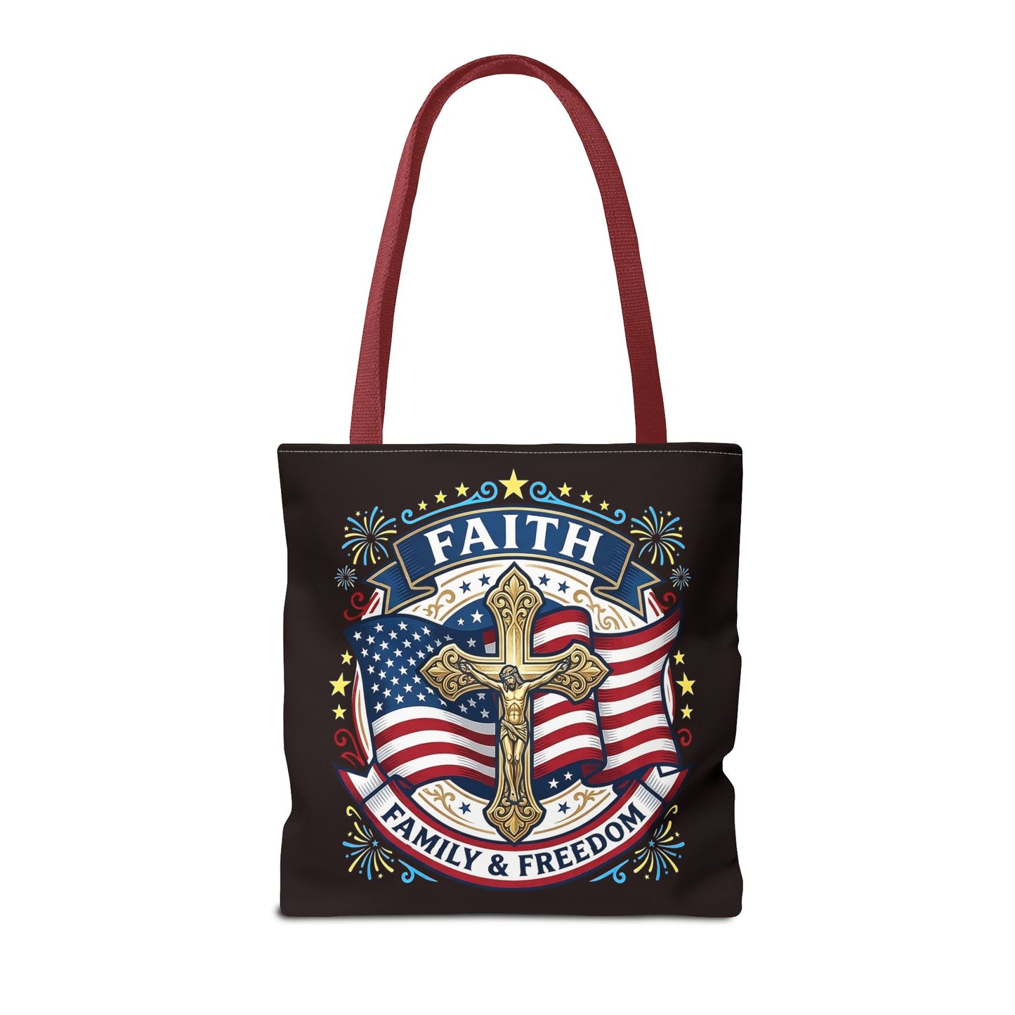 Faith, Family & Freedom Cross Bag — Patriotic American Flag Canvas Tote (USA 250th)
