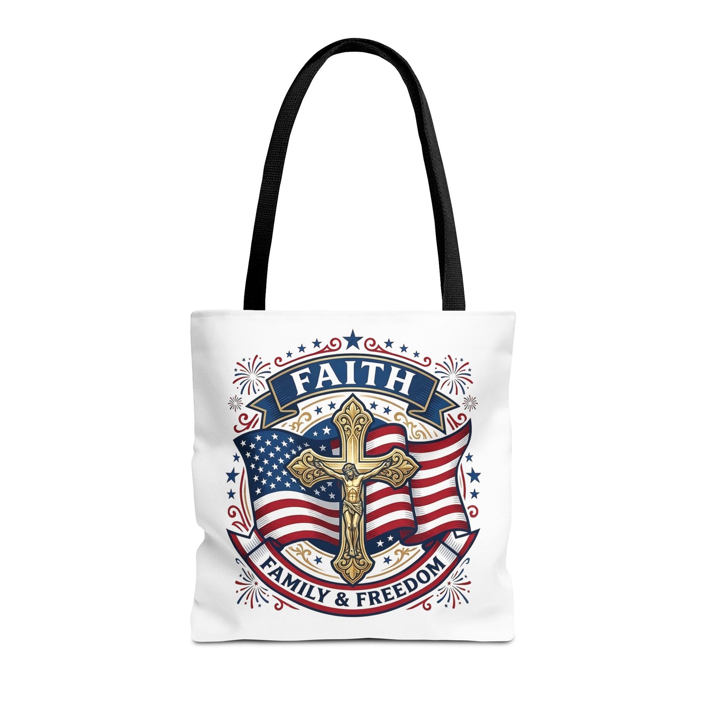 Faith, Family & Freedom Tote Bag — Patriotic Cross American Flag Tote (USA 250th)