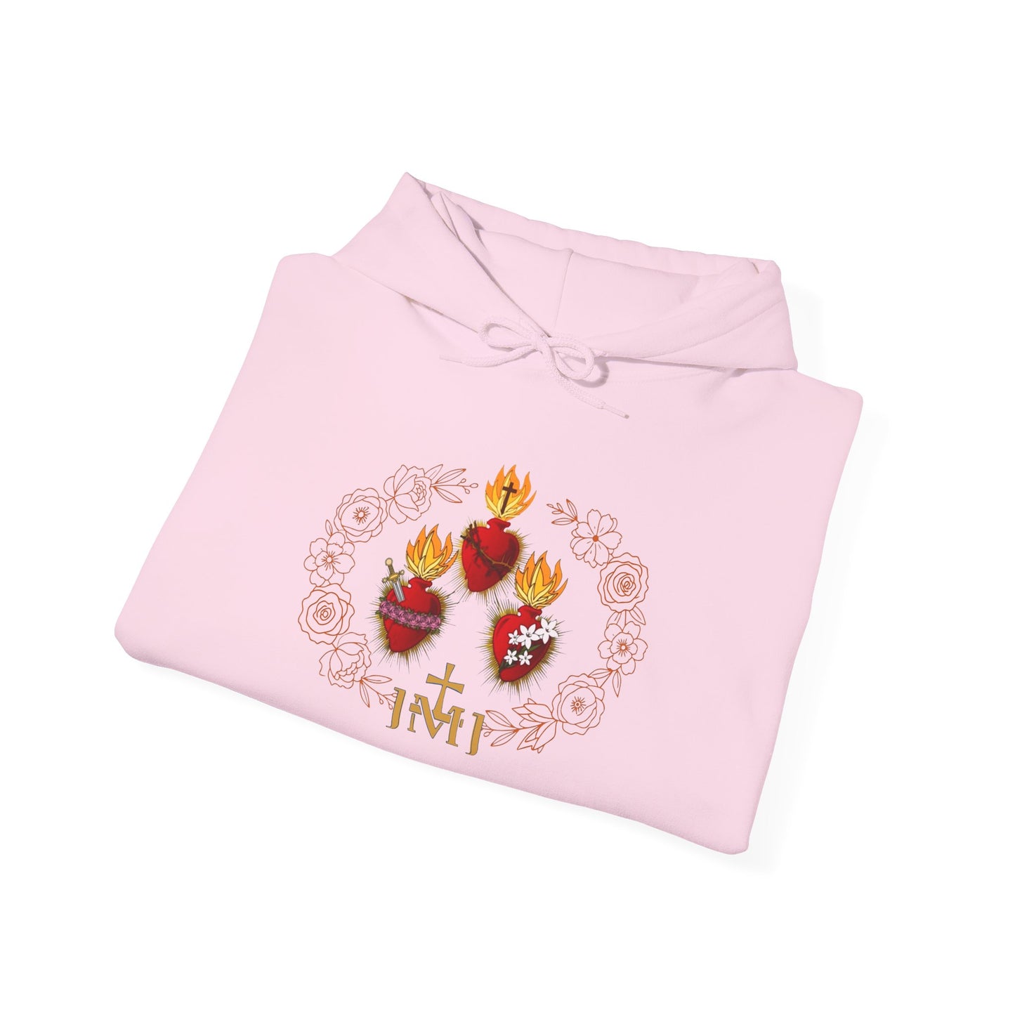 Sacred Hearts Hoodie — Three Flaming Hearts J.M.J. Devotional Sweatshirt (CT)