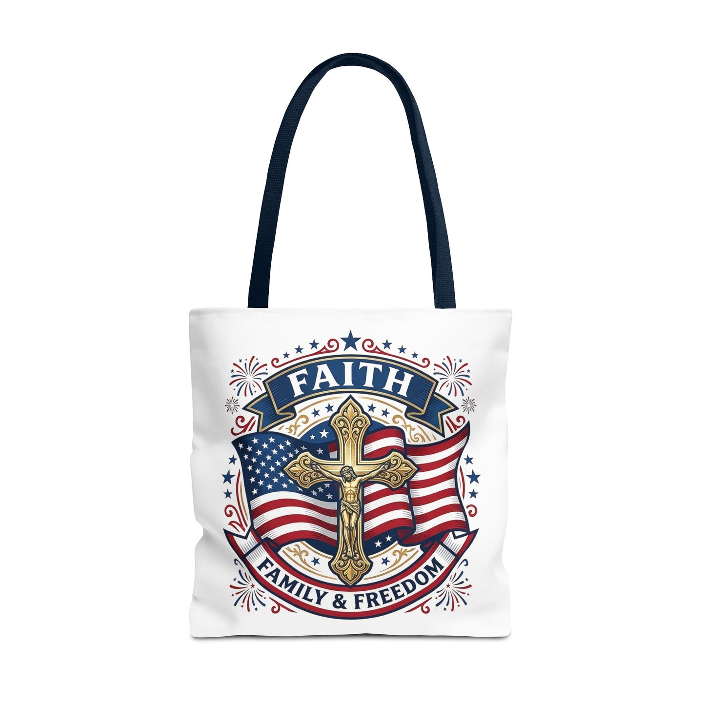 Faith, Family & Freedom Tote Bag — Patriotic Cross American Flag Tote (USA 250th)