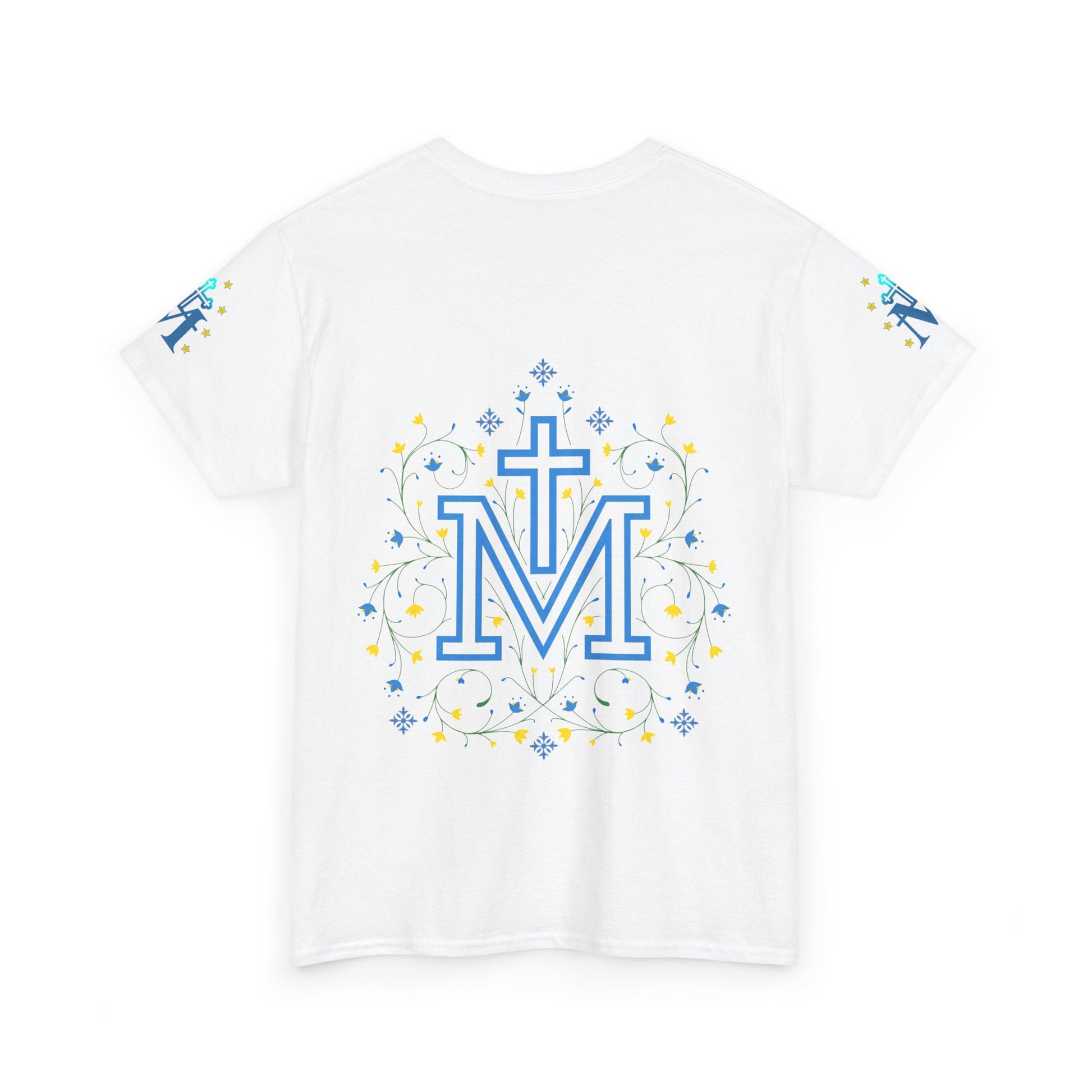 Marian Symbol T-shirt Unisex Heavy Cotton Tee, White t-shirt with blue letter 'Marian symbol' design on a white background