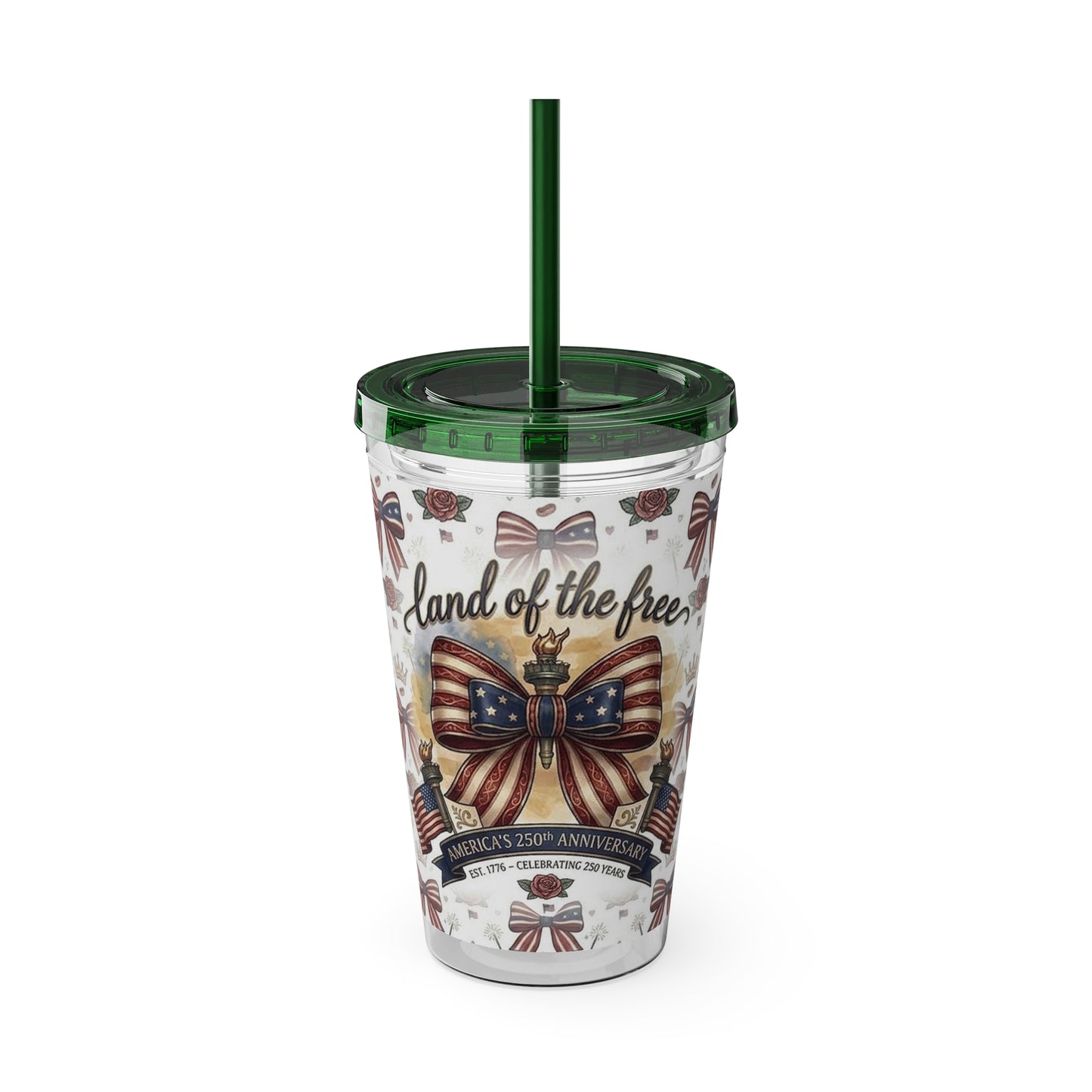 USA 250th ANNIVERSARY 16oz Tumbler with Straw | Patriotic 'Land of the Free' 16oz Tumbler with Straw - Trending Novelties & Gifts