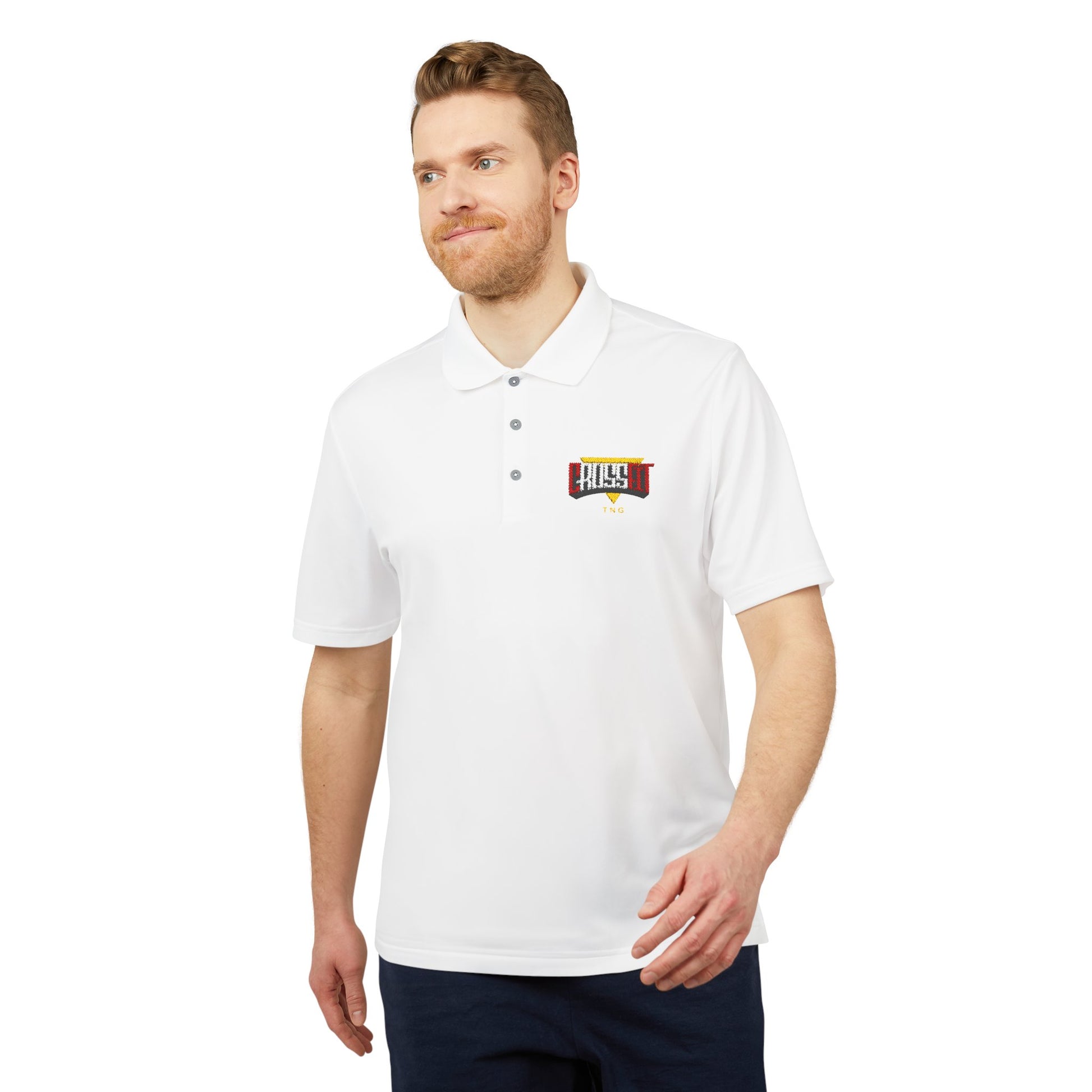 Adidas Sports Polo Shirt for CrossFit Enthusiasts, Man wearing a white polo shirt with a logo on a white background