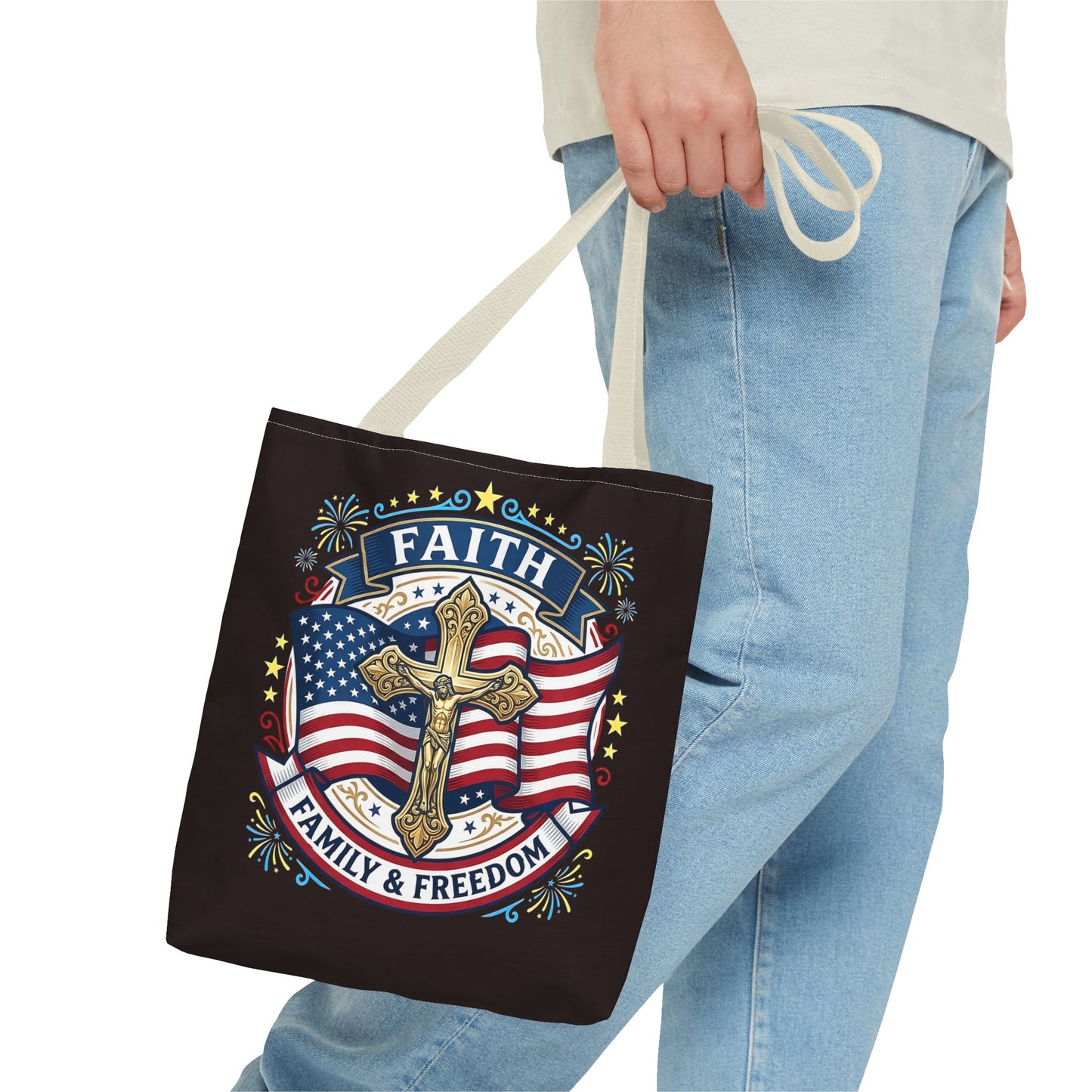 Faith, Family & Freedom Cross Bag — Patriotic American Flag Canvas Tote (USA 250th)